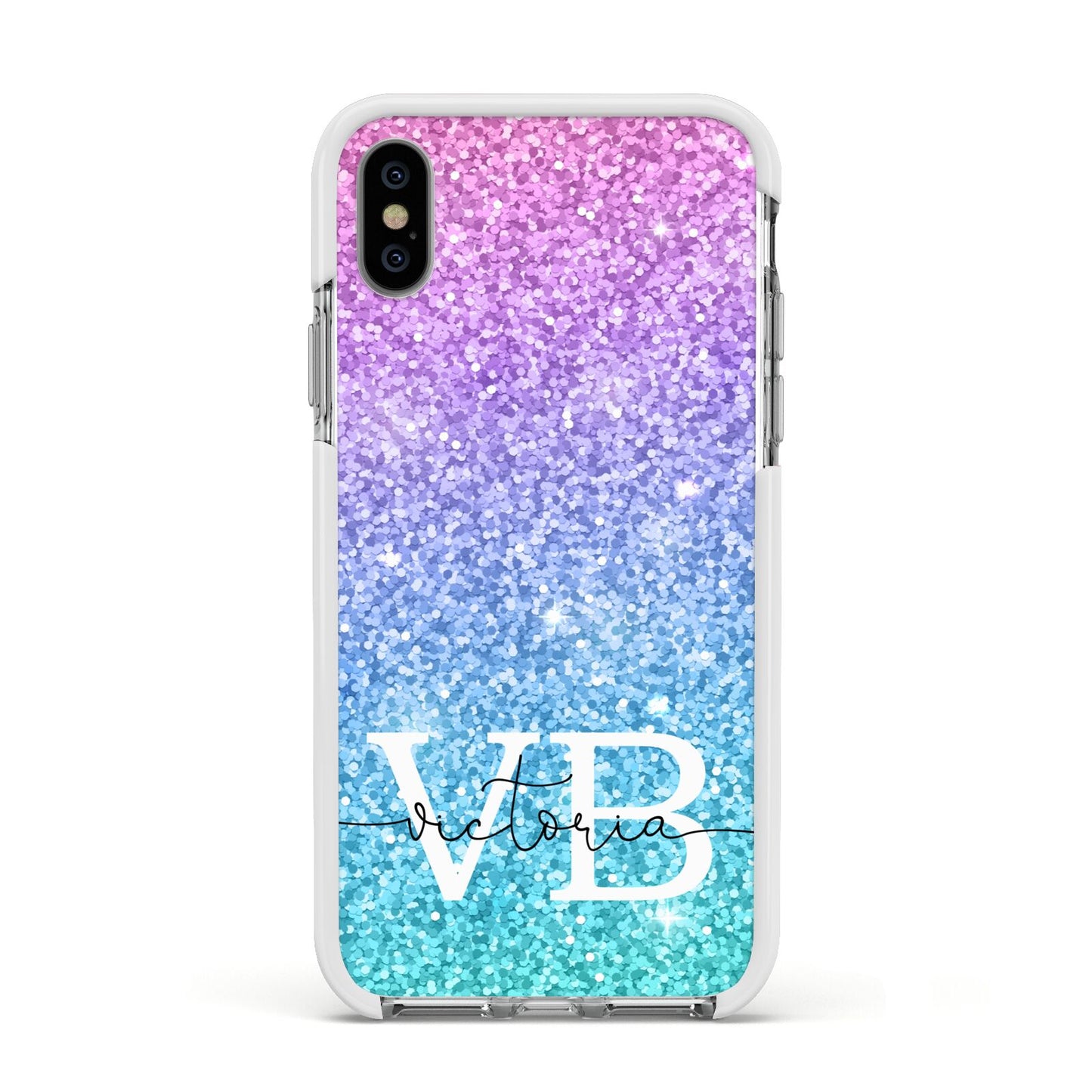 Monogrammed Multi Colour Glitter Name Apple iPhone Xs Impact Case White Edge on Silver Phone