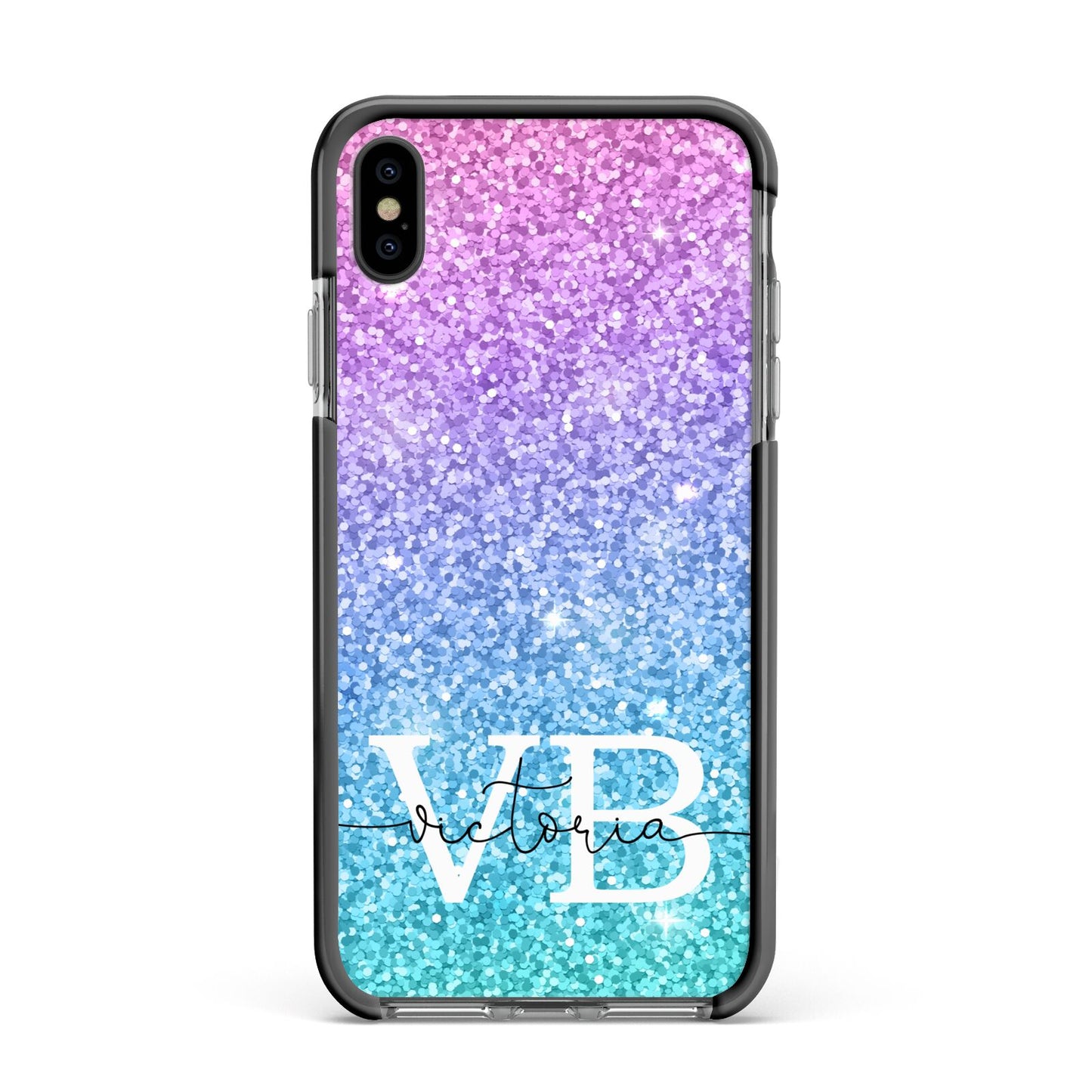 Monogrammed Multi Colour Glitter Name Apple iPhone Xs Max Impact Case Black Edge on Black Phone