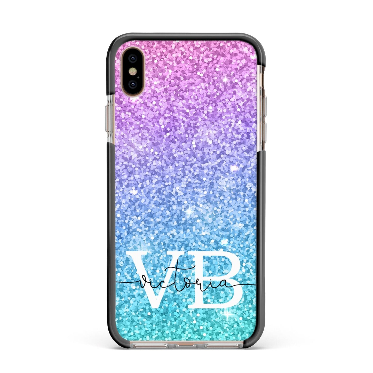 Monogrammed Multi Colour Glitter Name Apple iPhone Xs Max Impact Case Black Edge on Gold Phone