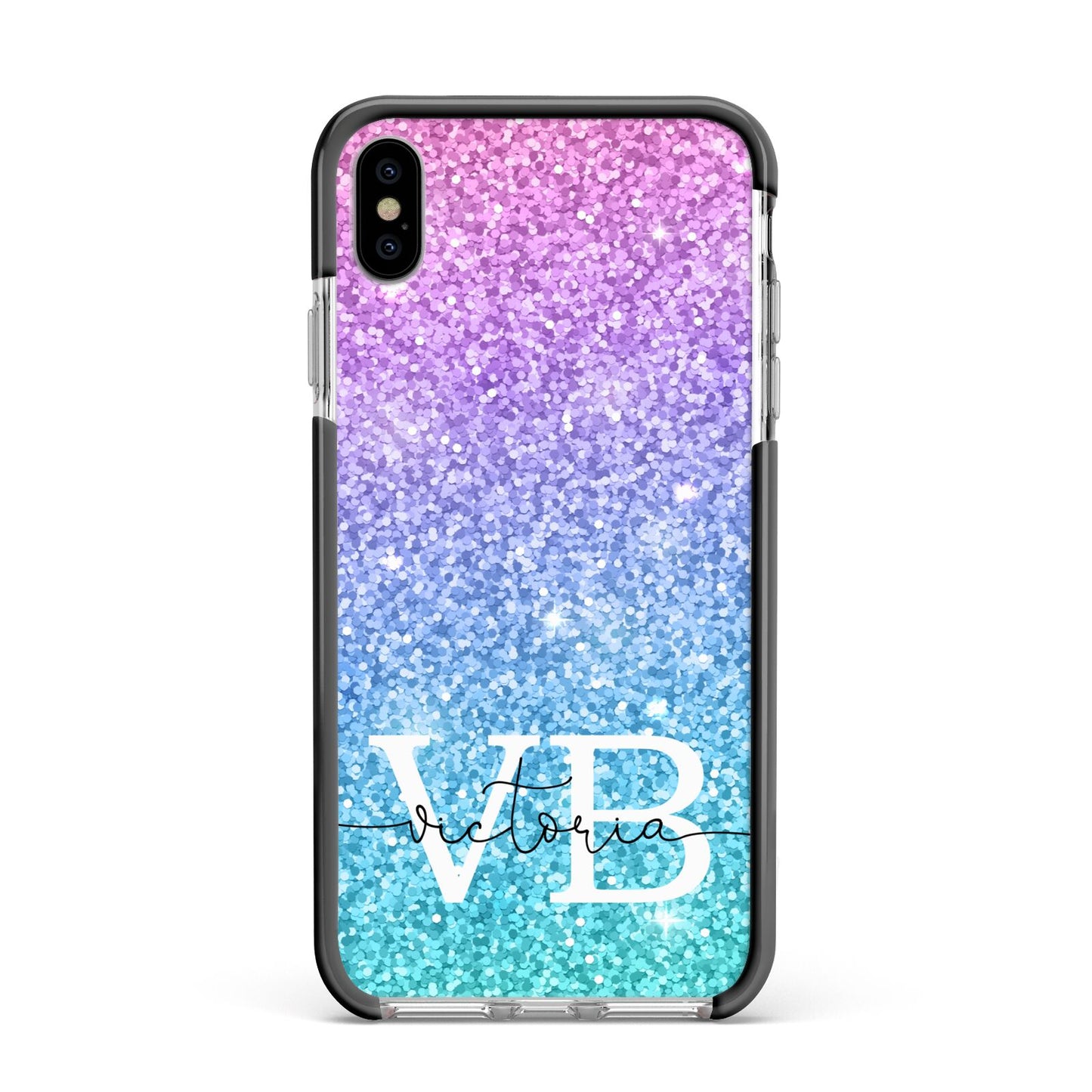 Monogrammed Multi Colour Glitter Name Apple iPhone Xs Max Impact Case Black Edge on Silver Phone