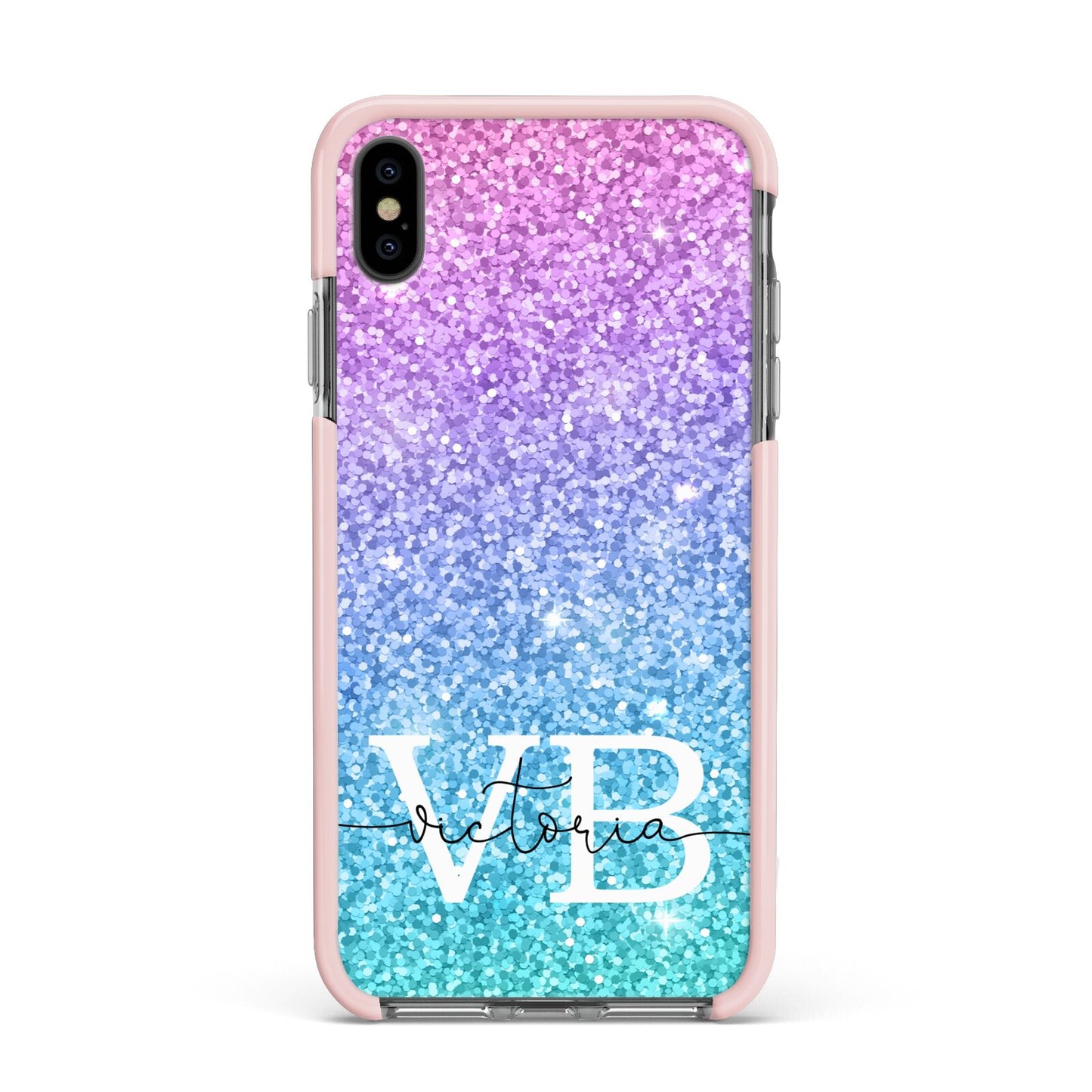 Monogrammed Multi Colour Glitter Name Apple iPhone Xs Max Impact Case Pink Edge on Black Phone