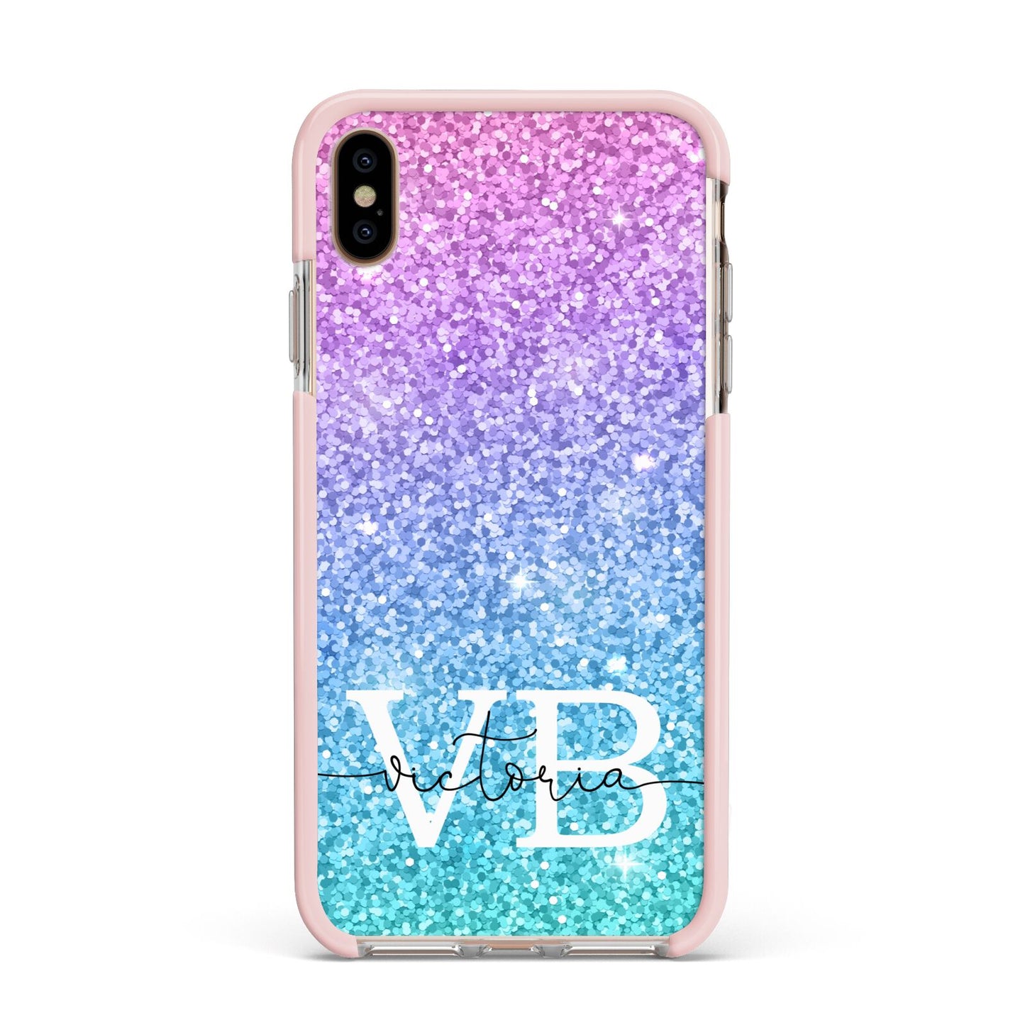 Monogrammed Multi Colour Glitter Name Apple iPhone Xs Max Impact Case Pink Edge on Gold Phone