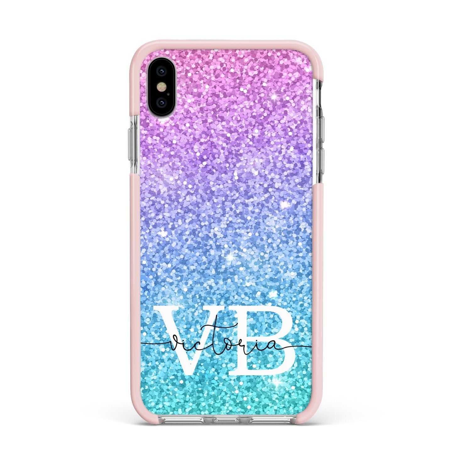 Monogrammed Multi Colour Glitter Name Apple iPhone Xs Max Impact Case Pink Edge on Silver Phone