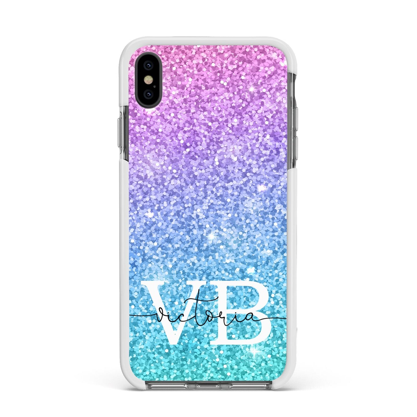 Monogrammed Multi Colour Glitter Name Apple iPhone Xs Max Impact Case White Edge on Black Phone