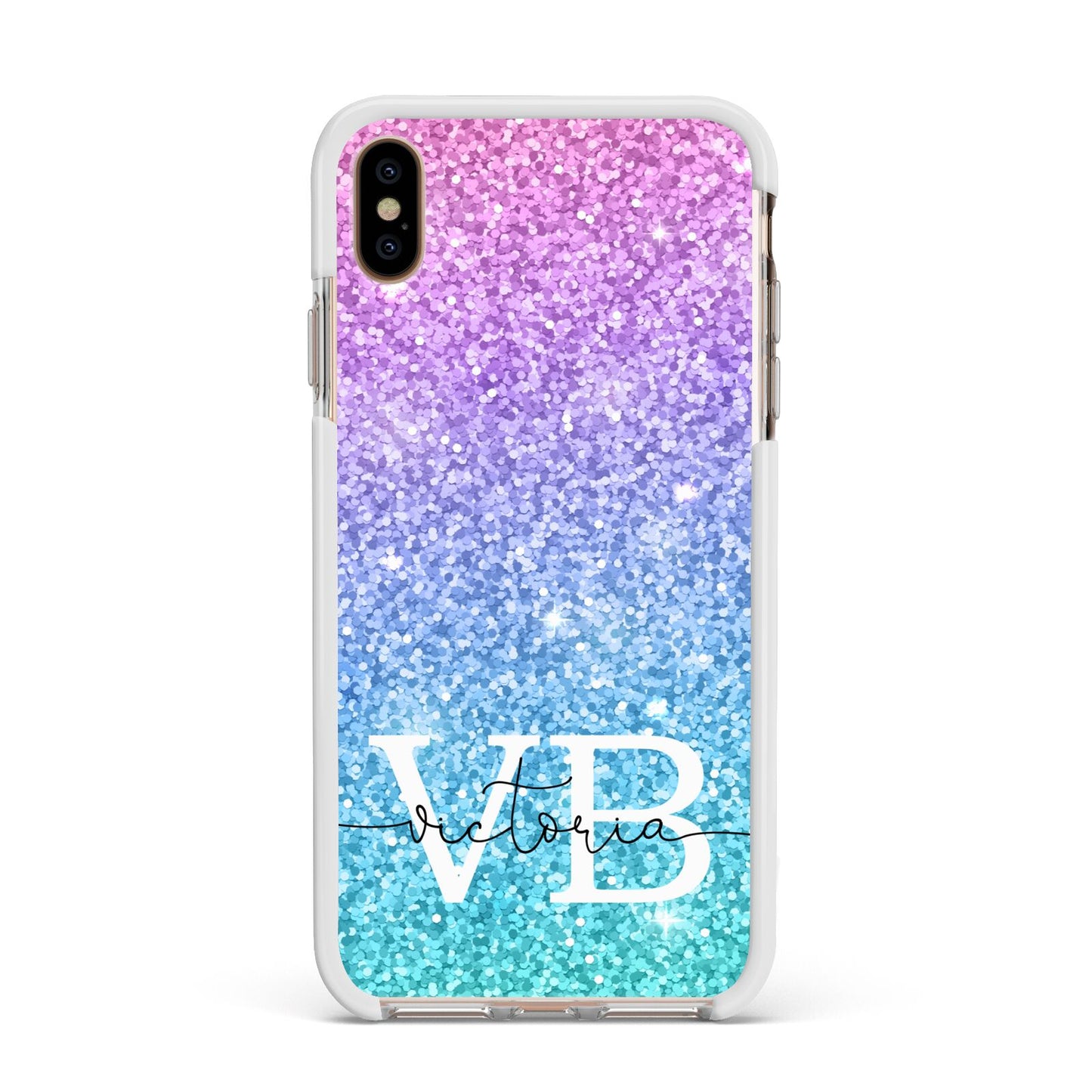 Monogrammed Multi Colour Glitter Name Apple iPhone Xs Max Impact Case White Edge on Gold Phone