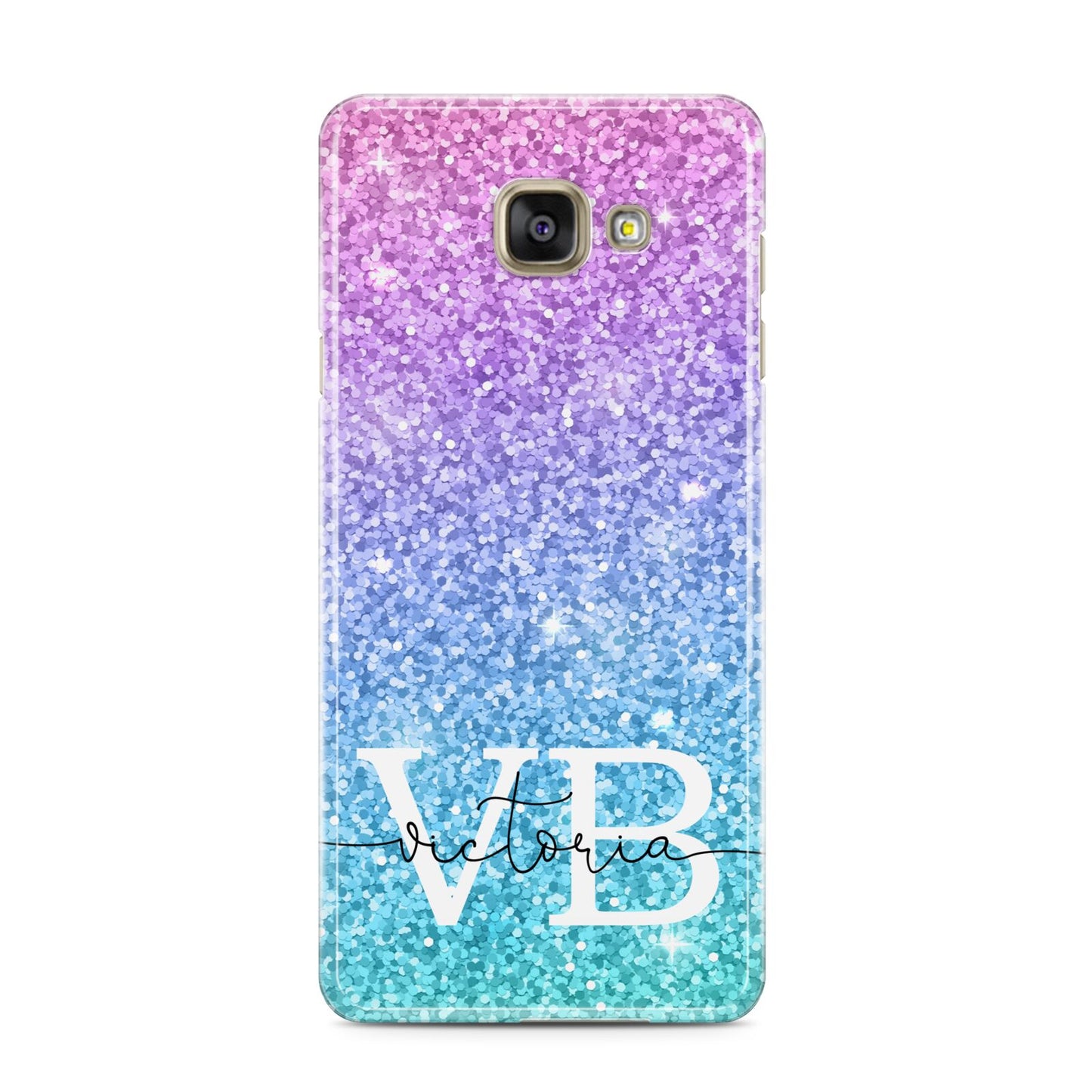 Monogrammed Multi Colour Glitter Name Samsung Galaxy A3 2016 Case on gold phone