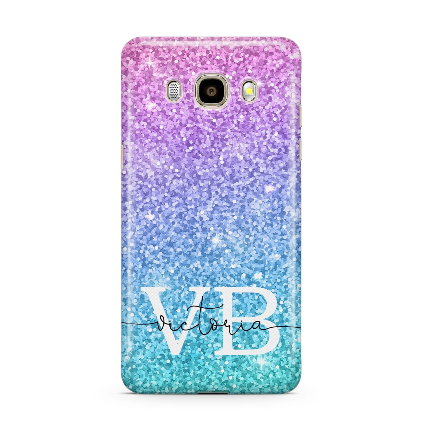 Monogrammed Multi Colour Glitter Name Samsung Galaxy J7 2016 Case on gold phone