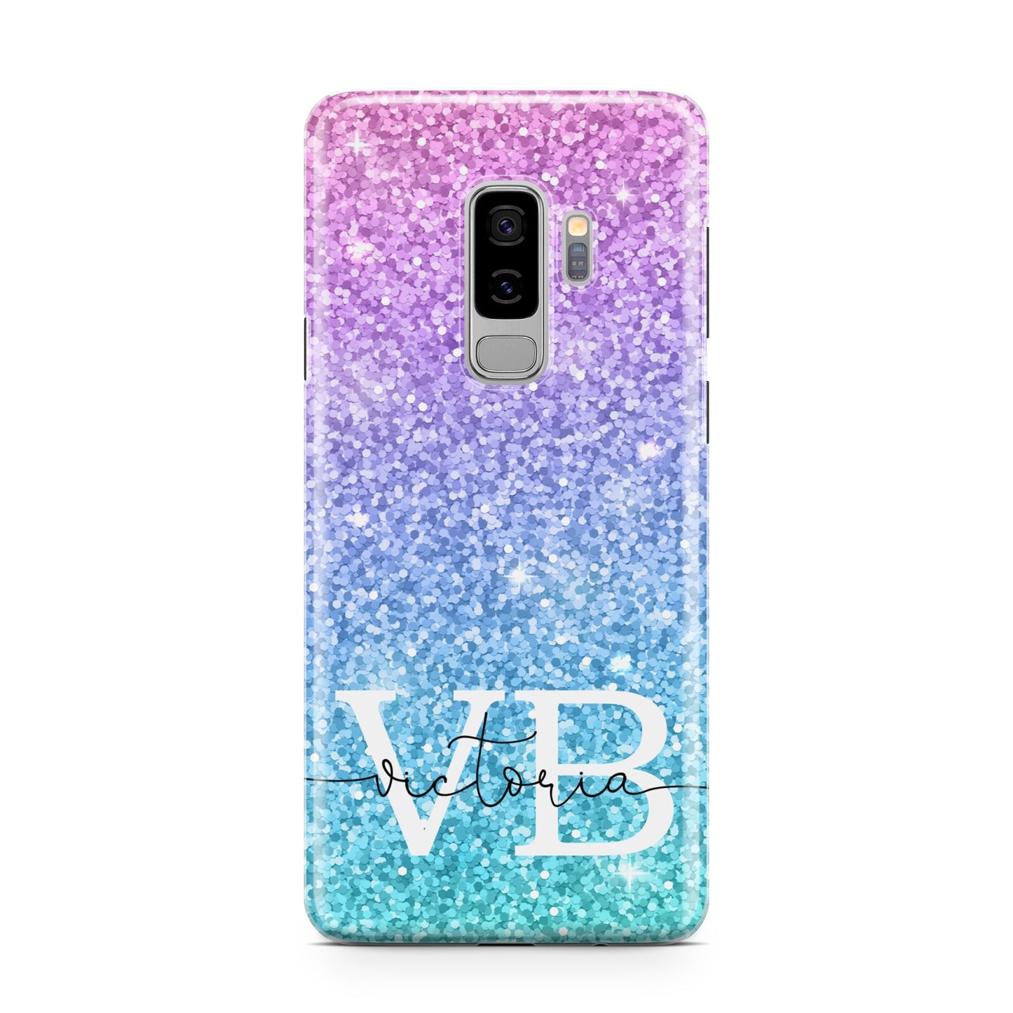 Monogrammed Multi Colour Glitter Name Samsung Galaxy S9 Plus Case on Silver phone