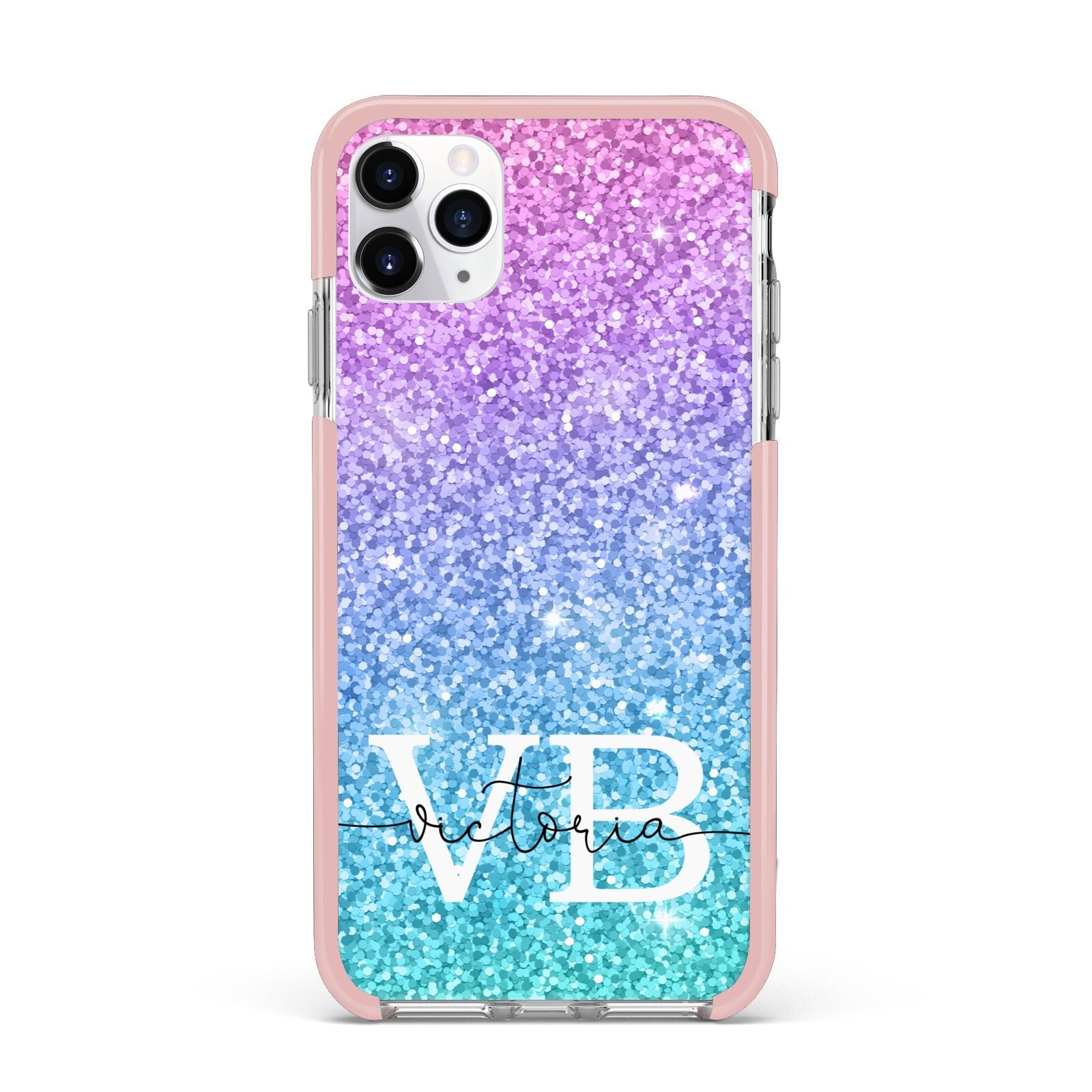 Monogrammed Multi Colour Glitter Name iPhone 11 Pro Max Impact Pink Edge Case