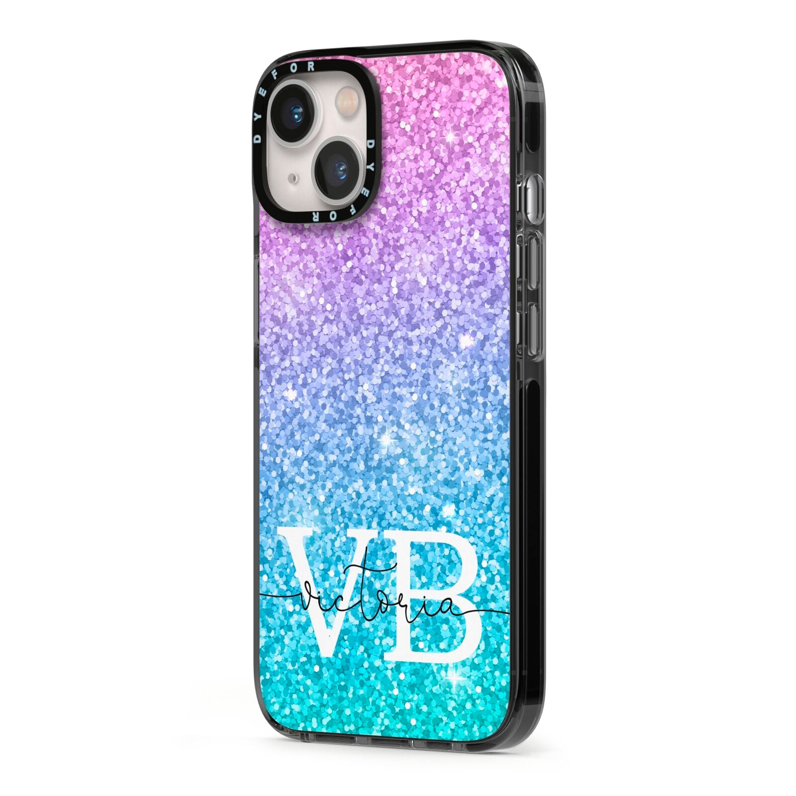 Monogrammed Multi Colour Glitter Name iPhone 13 Black Impact Case Side Angle on Silver phone