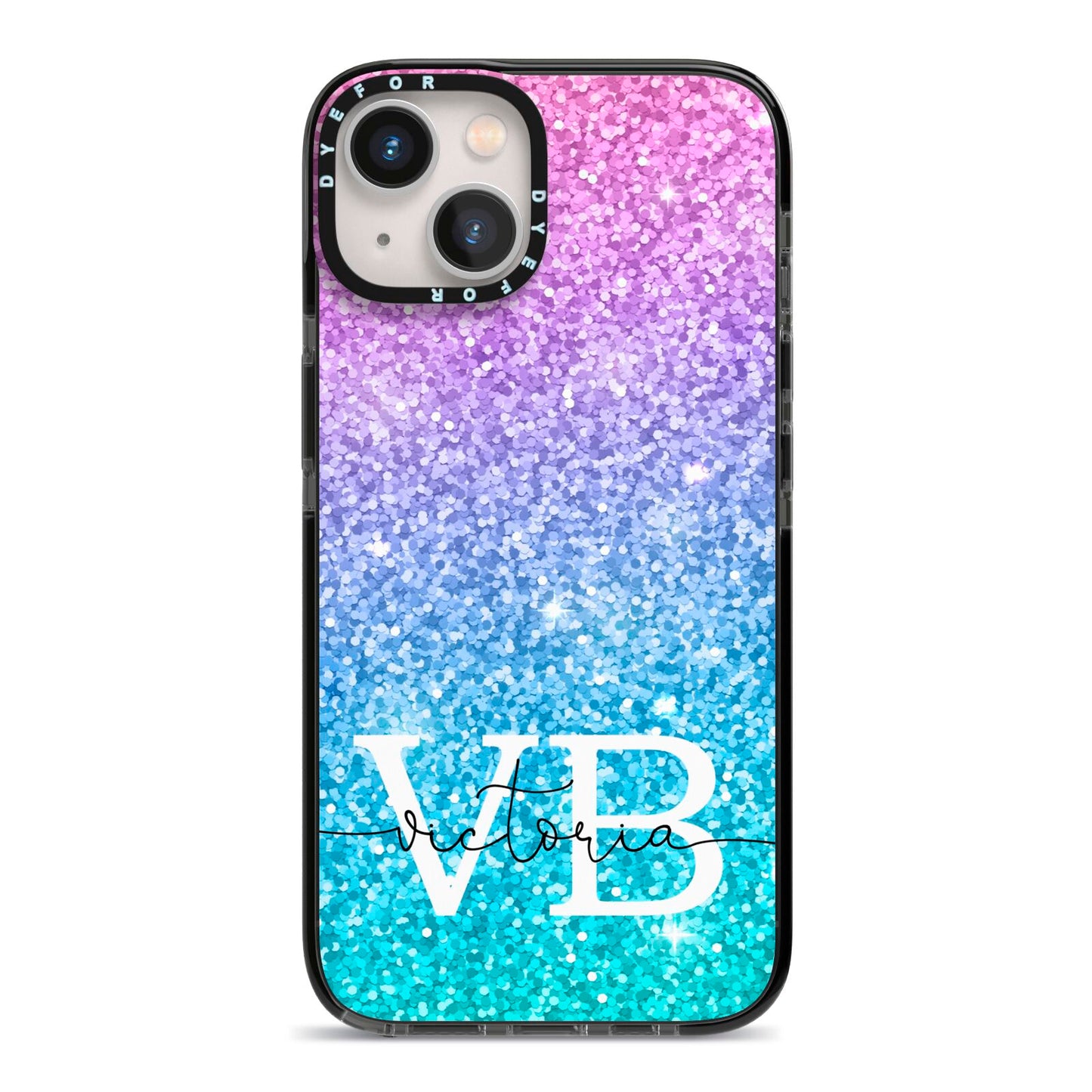 Monogrammed Multi Colour Glitter Name iPhone 13 Black Impact Case on Silver phone