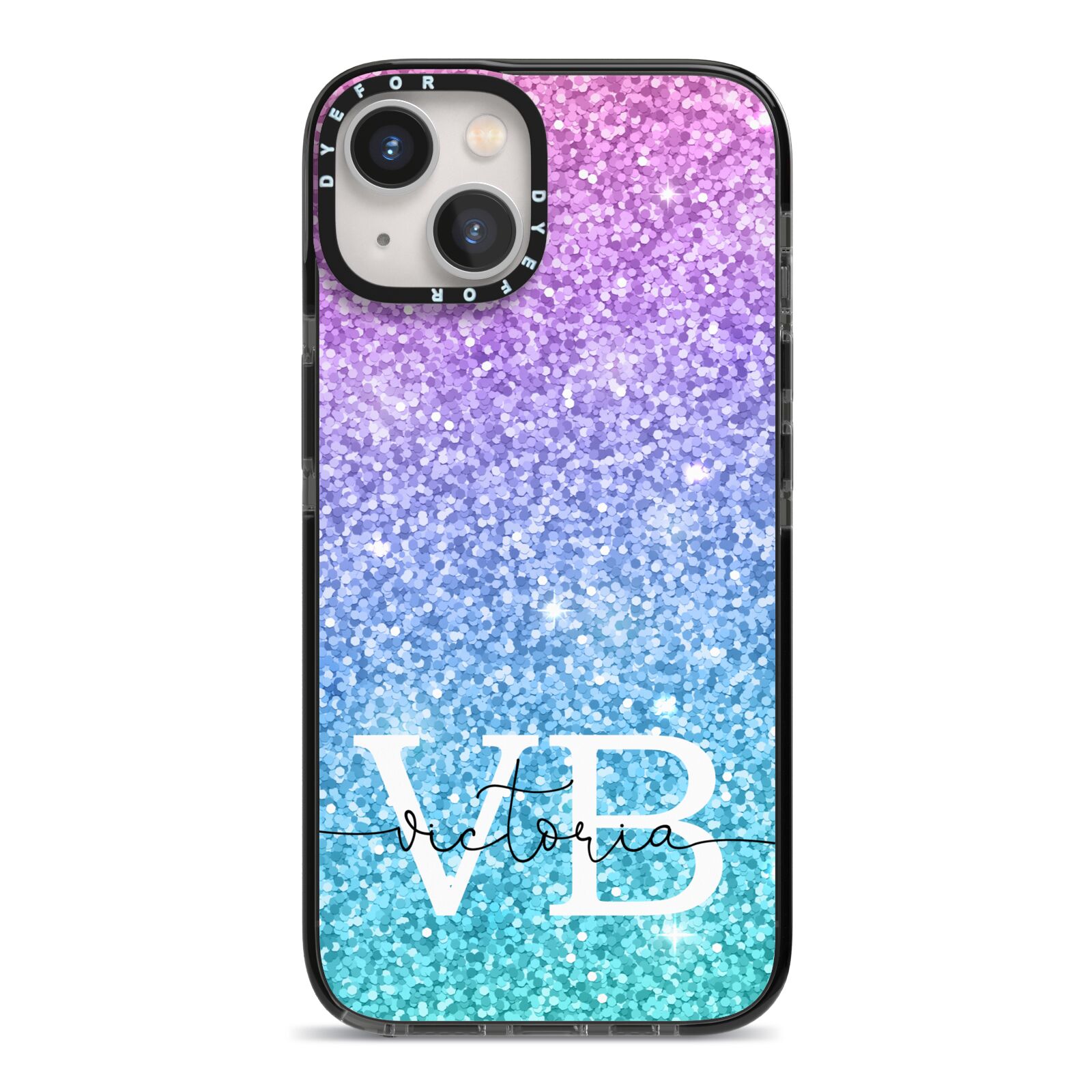 Monogrammed Multi Colour Glitter Name iPhone 13 Black Impact Case on Silver phone