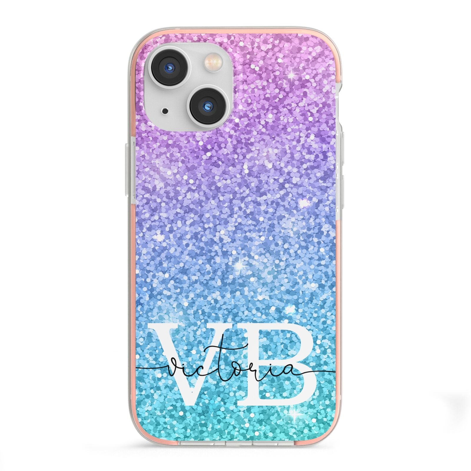 Monogrammed Multi Colour Glitter Name iPhone 13 Mini TPU Impact Case with Pink Edges