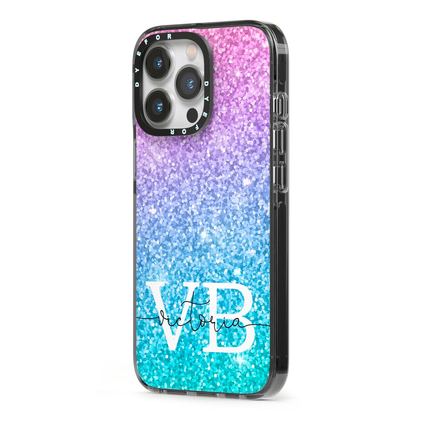 Monogrammed Multi Colour Glitter Name iPhone 13 Pro Black Impact Case Side Angle on Silver phone