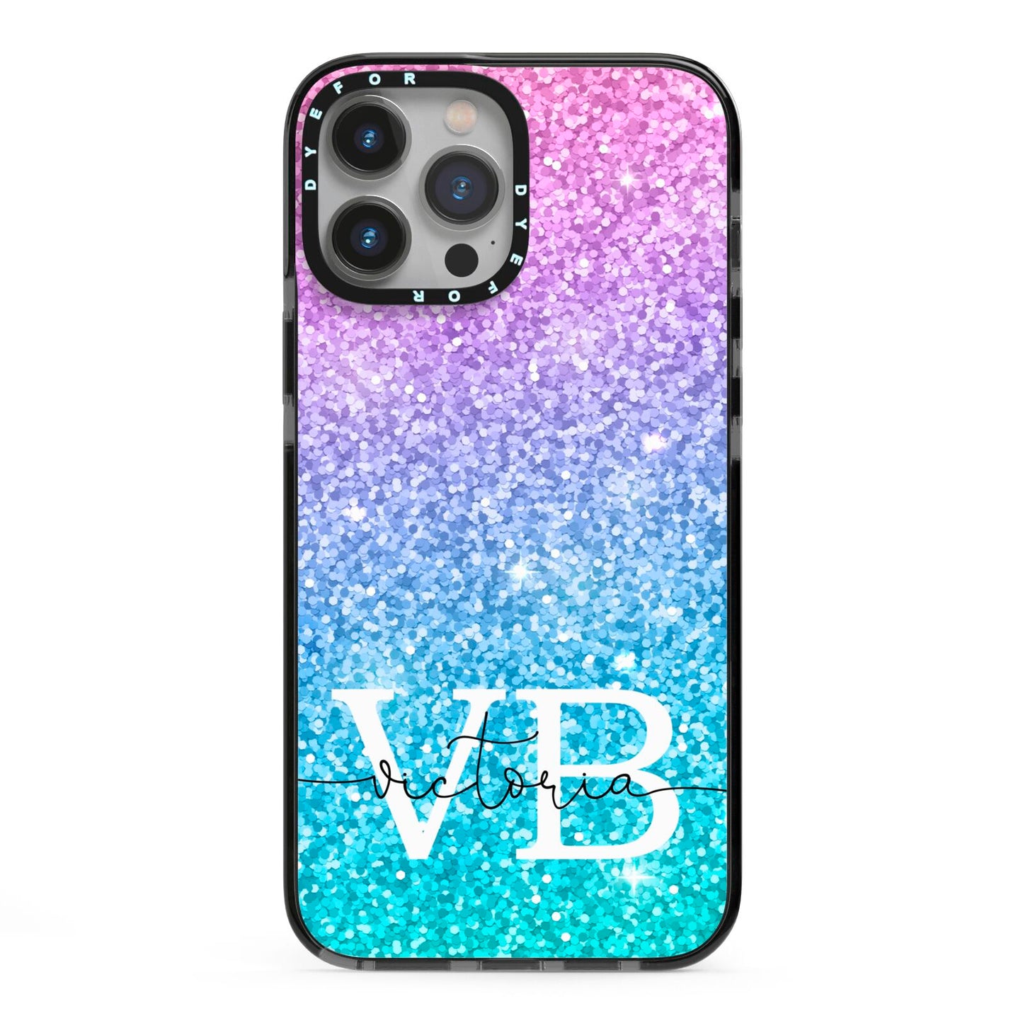 Monogrammed Multi Colour Glitter Name iPhone 13 Pro Max Black Impact Case on Silver phone