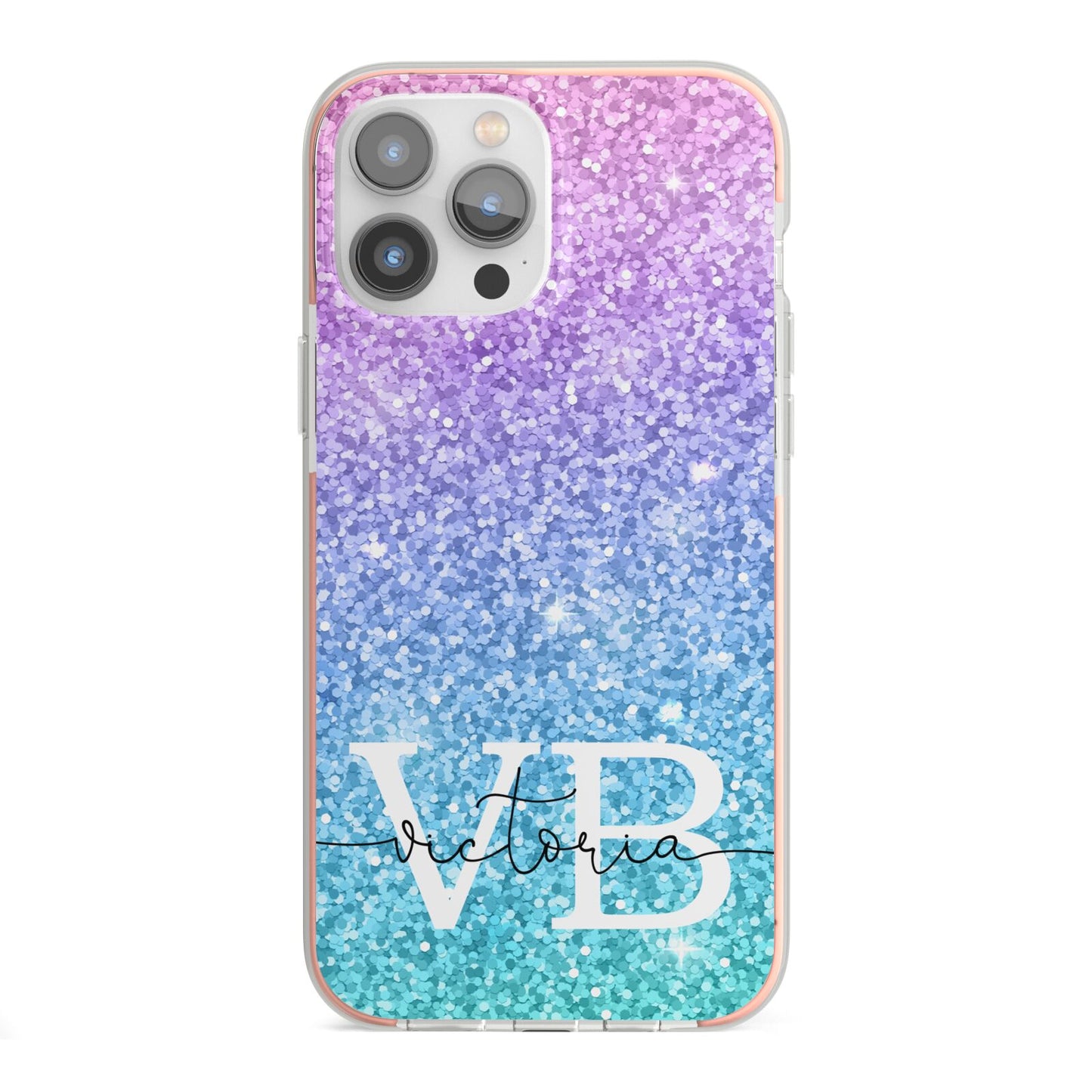 Monogrammed Multi Colour Glitter Name iPhone 13 Pro Max TPU Impact Case with Pink Edges