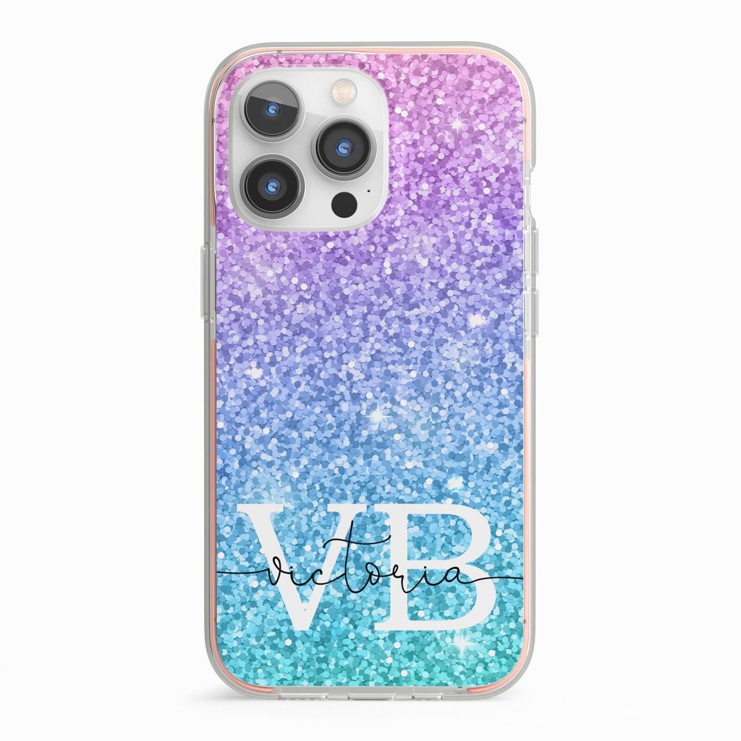 Monogrammed Multi Colour Glitter Name iPhone 13 Pro TPU Impact Case with Pink Edges