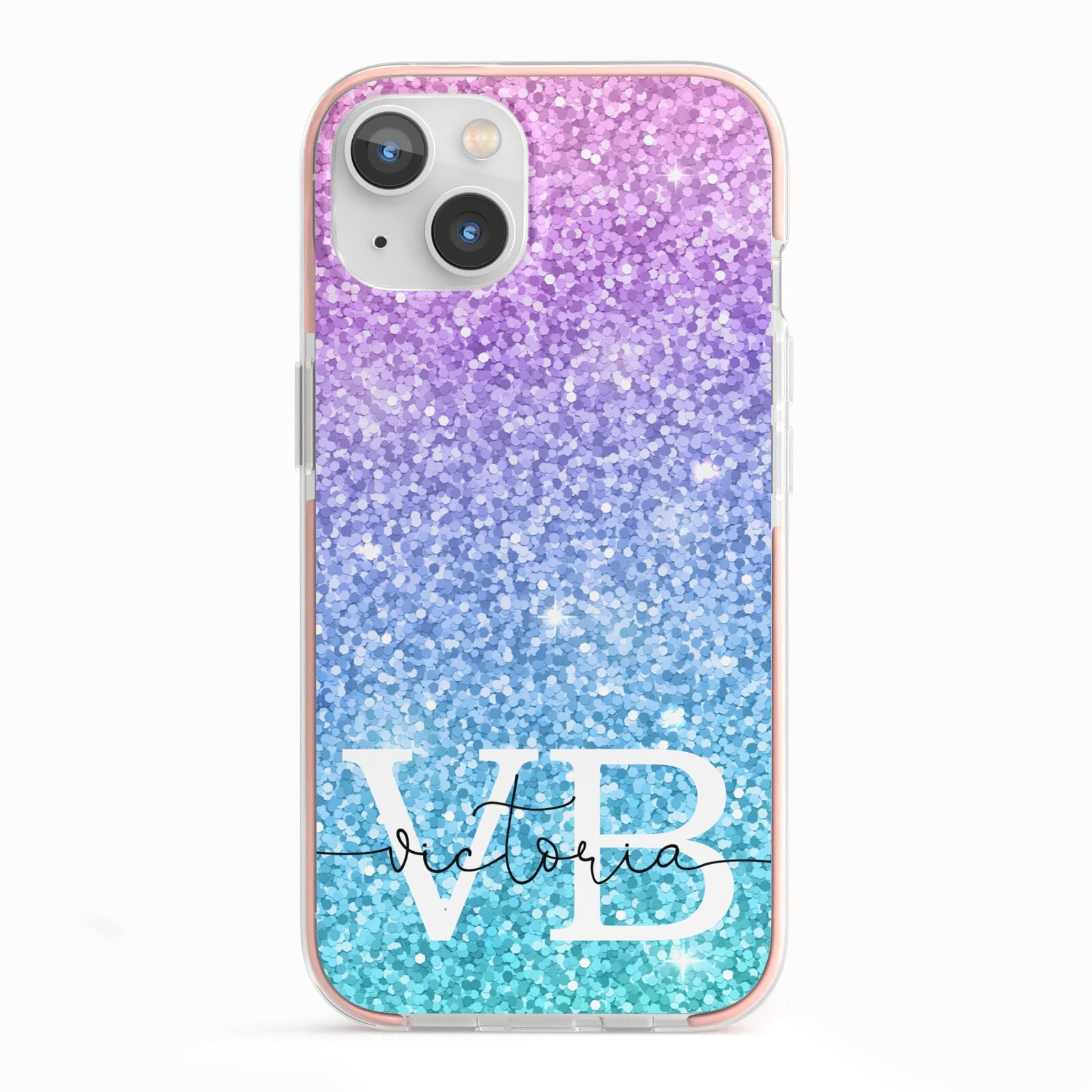 Monogrammed Multi Colour Glitter Name iPhone 13 TPU Impact Case with Pink Edges