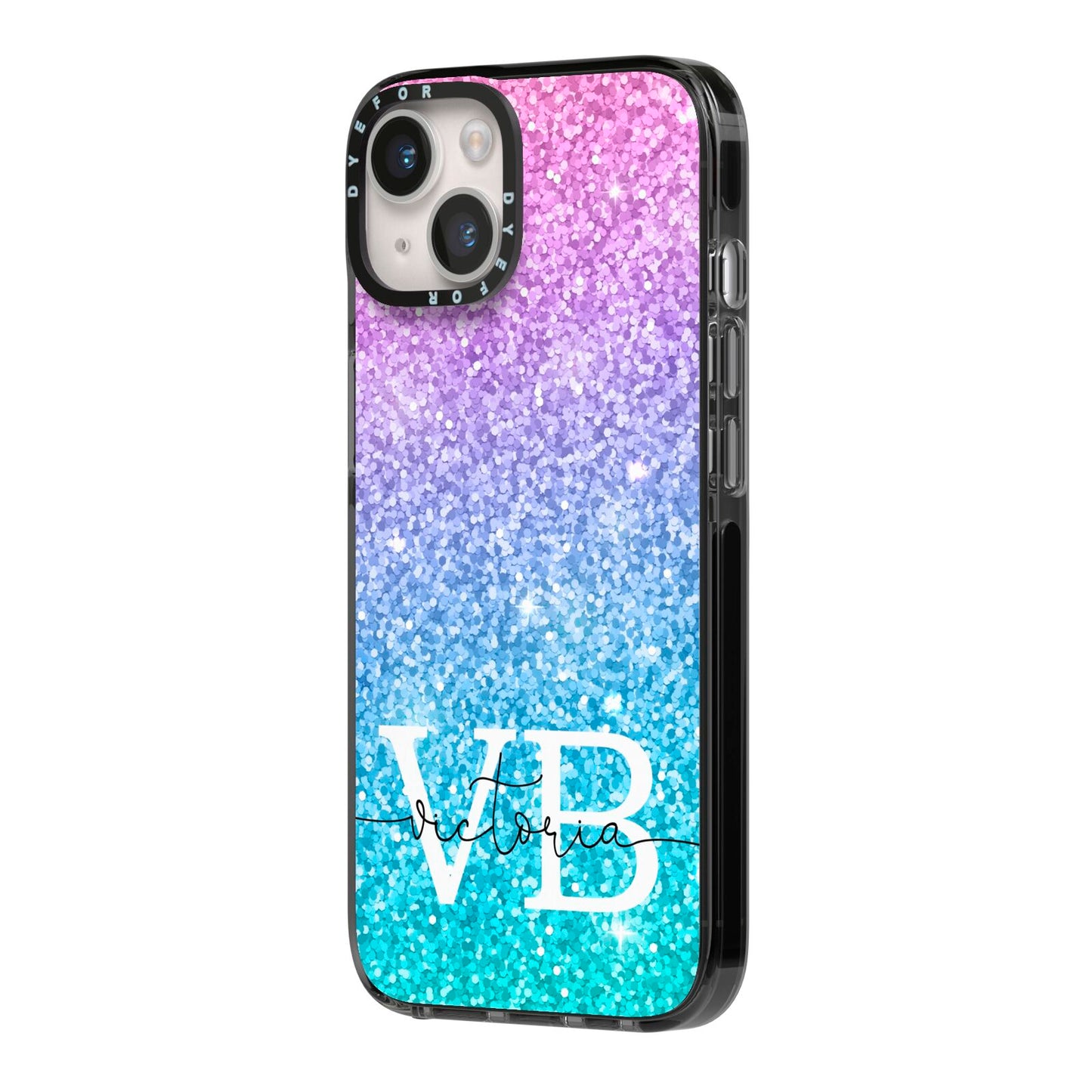 Monogrammed Multi Colour Glitter Name iPhone 14 Black Impact Case Side Angle on Silver phone