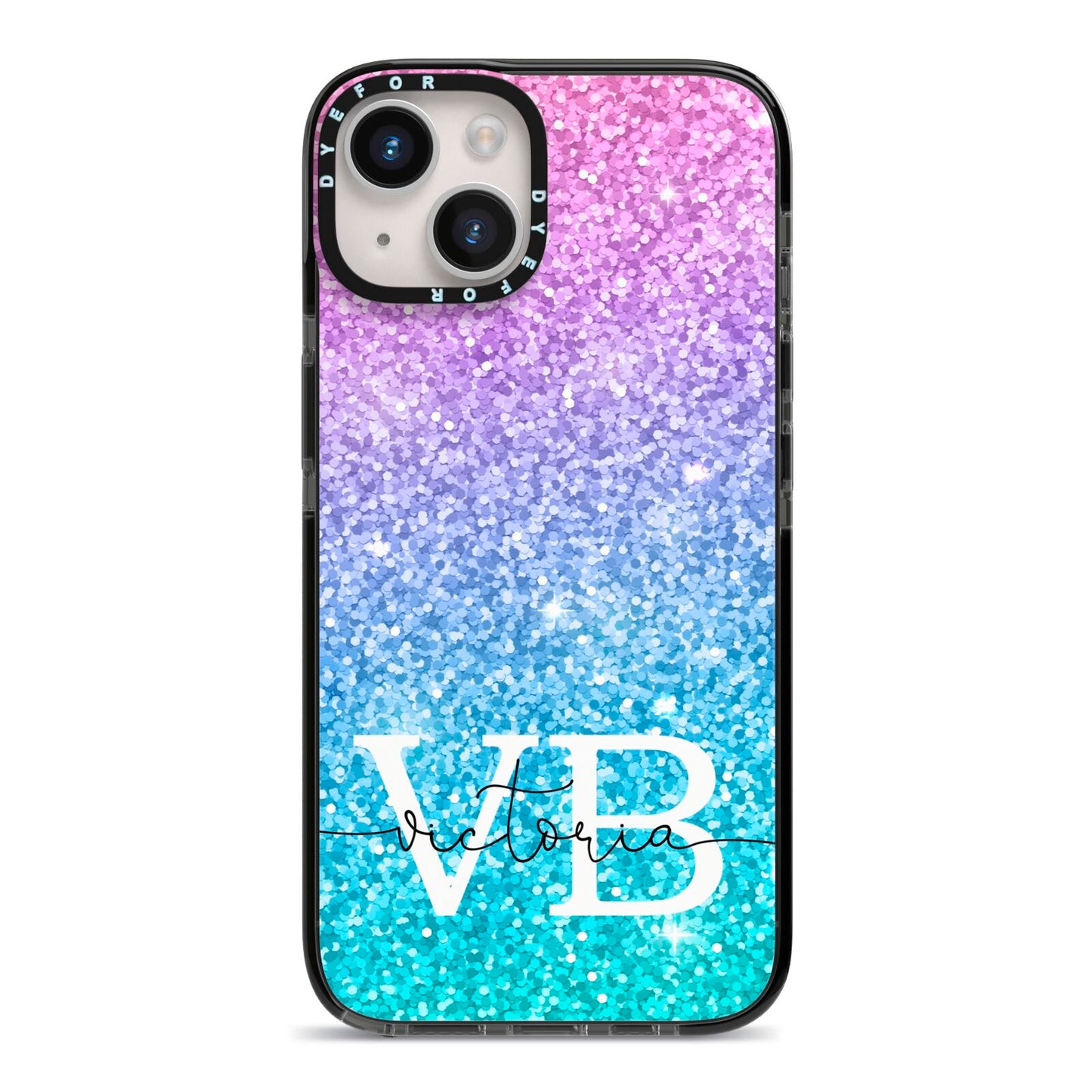 Monogrammed Multi Colour Glitter Name iPhone 14 Black Impact Case on Silver phone