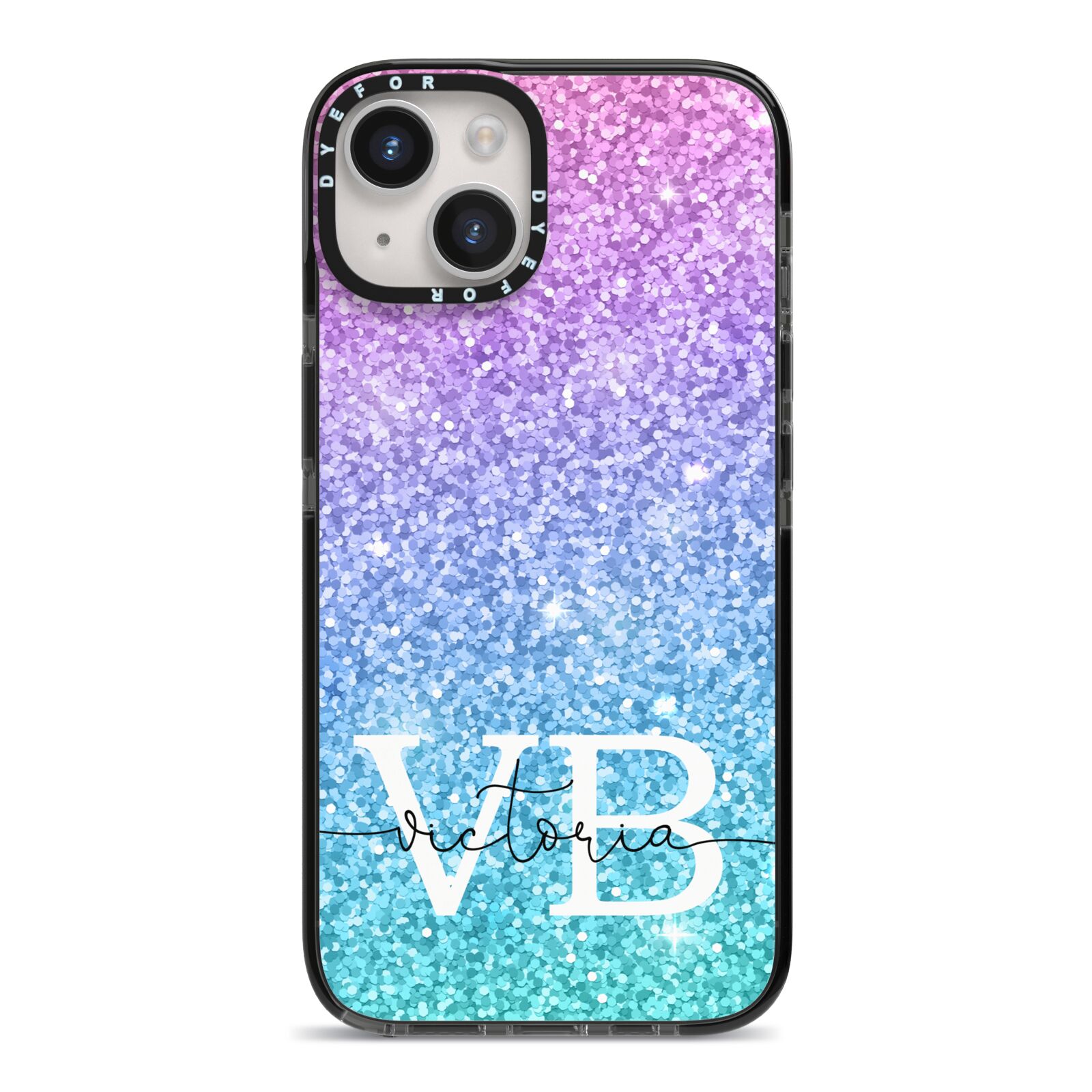 Monogrammed Multi Colour Glitter Name iPhone 14 Black Impact Case on Silver phone