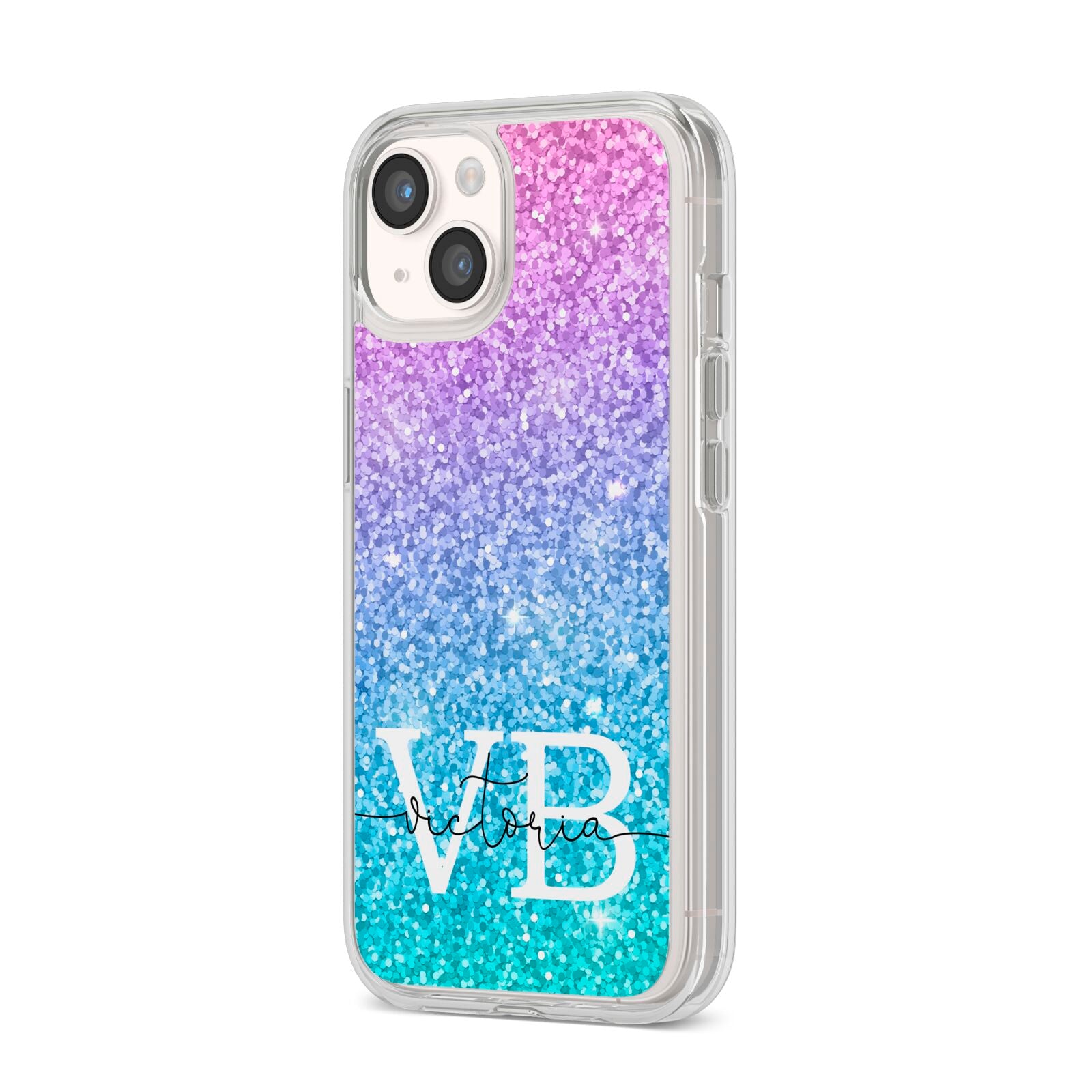 Monogrammed Multi Colour Glitter Name iPhone 14 Clear Tough Case Starlight Angled Image