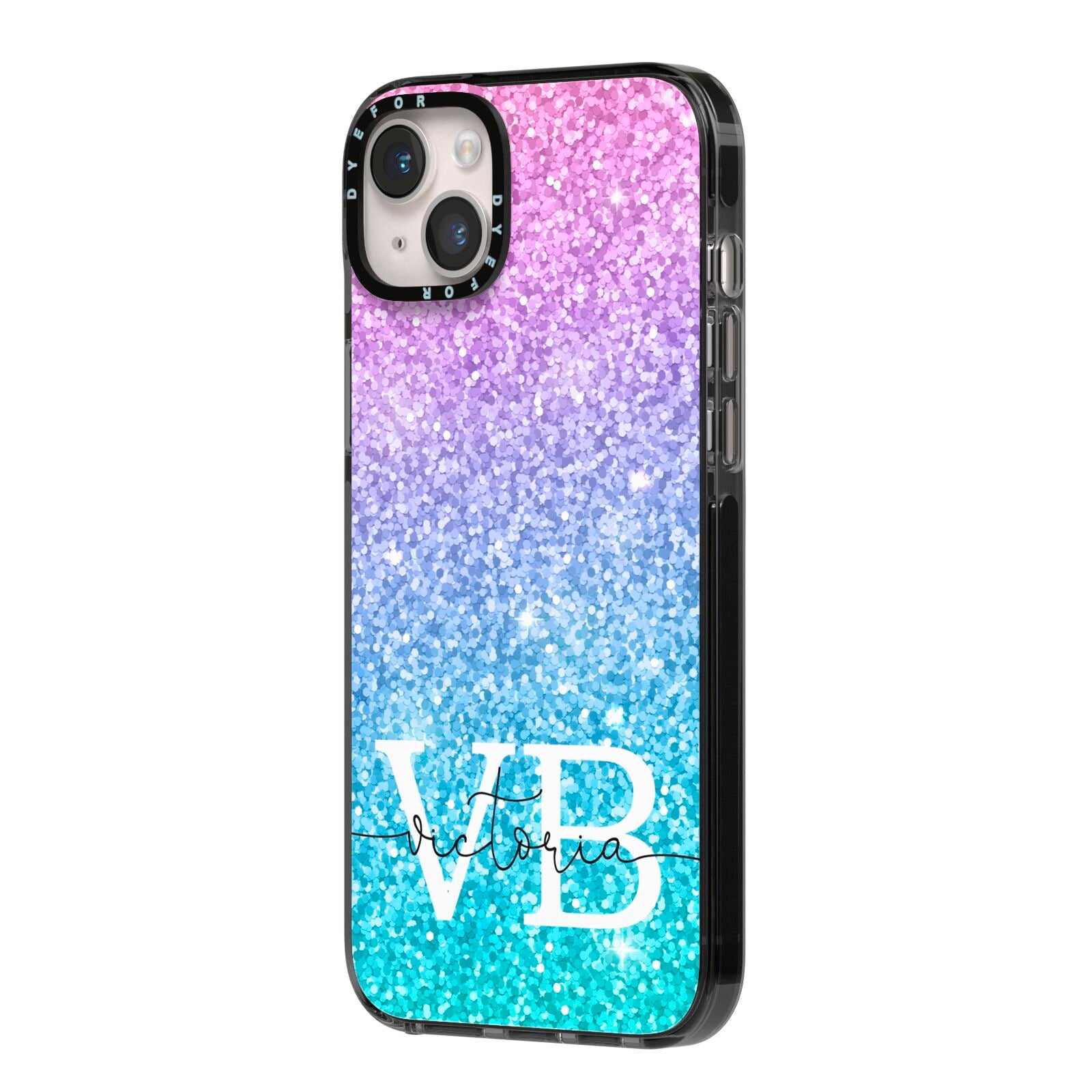 Monogrammed Multi Colour Glitter Name iPhone 14 Plus Black Impact Case Side Angle on Silver phone