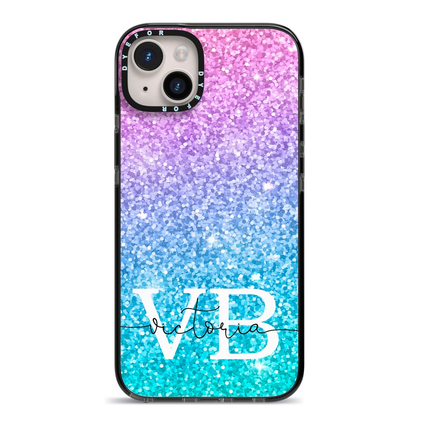 Monogrammed Multi Colour Glitter Name iPhone 14 Plus Black Impact Case on Silver phone