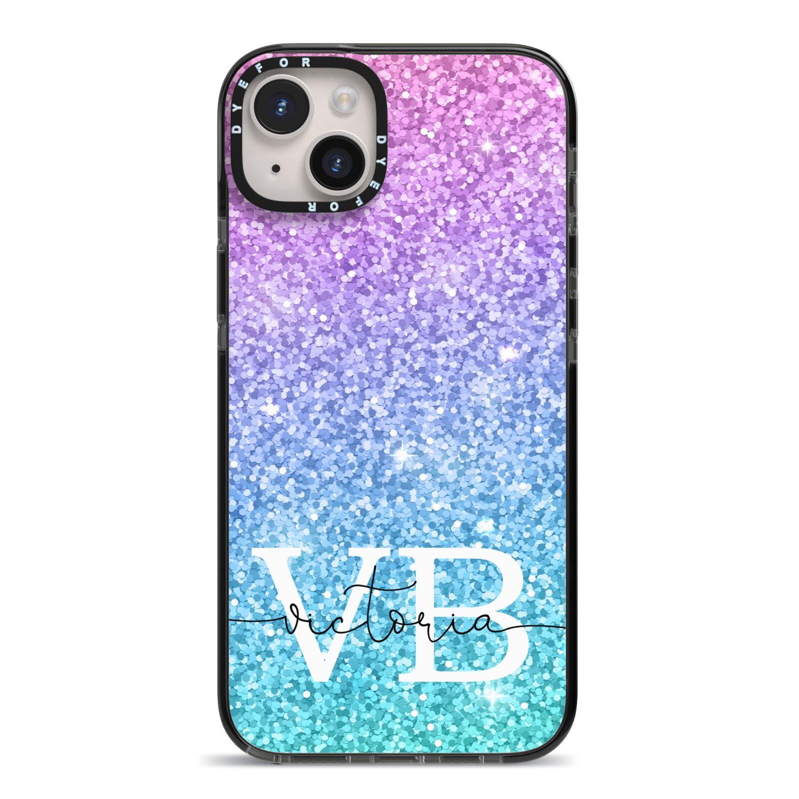 Monogrammed Multi Colour Glitter Name iPhone 14 Plus Black Impact Case on Silver phone