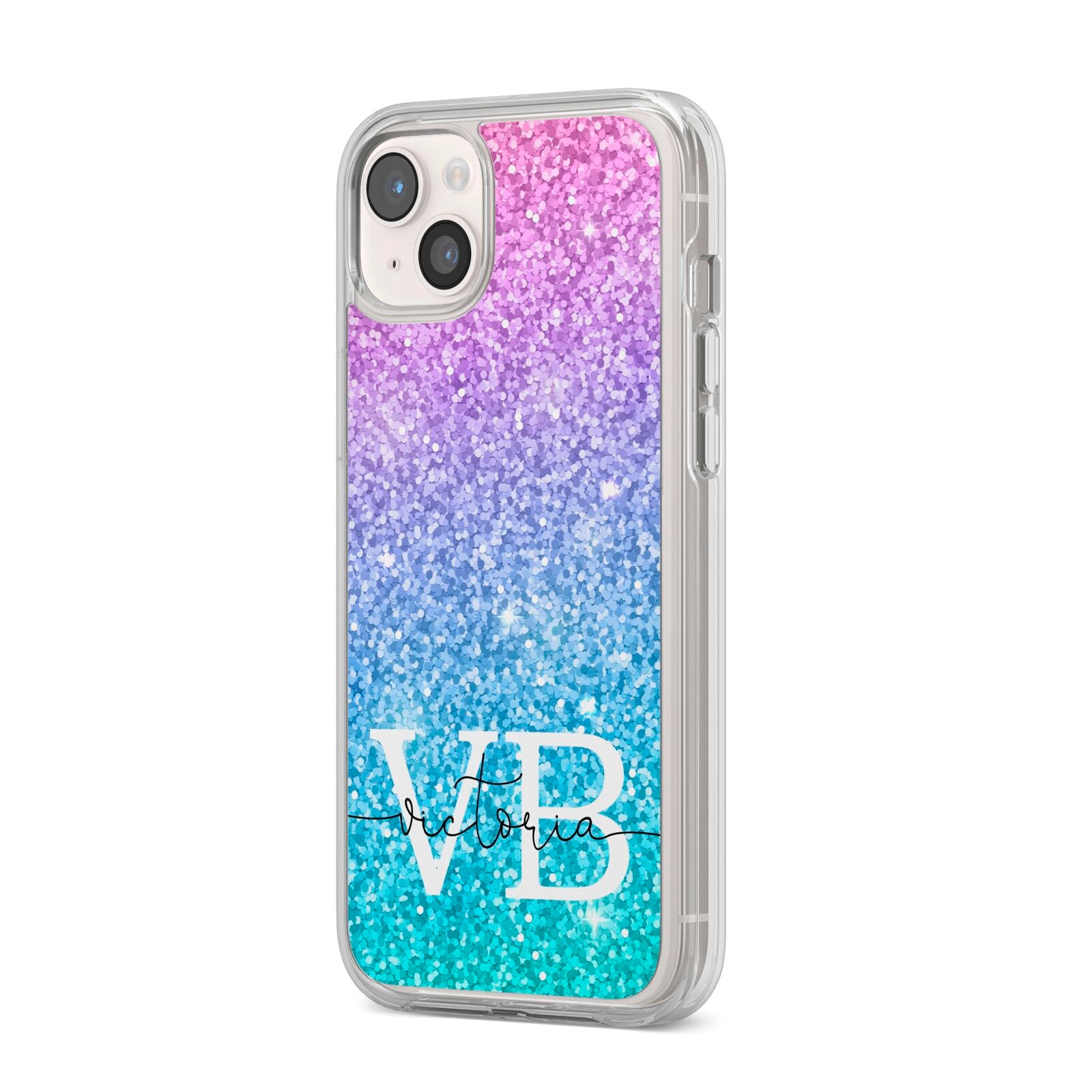 Monogrammed Multi Colour Glitter Name iPhone 14 Plus Clear Tough Case Starlight Angled Image