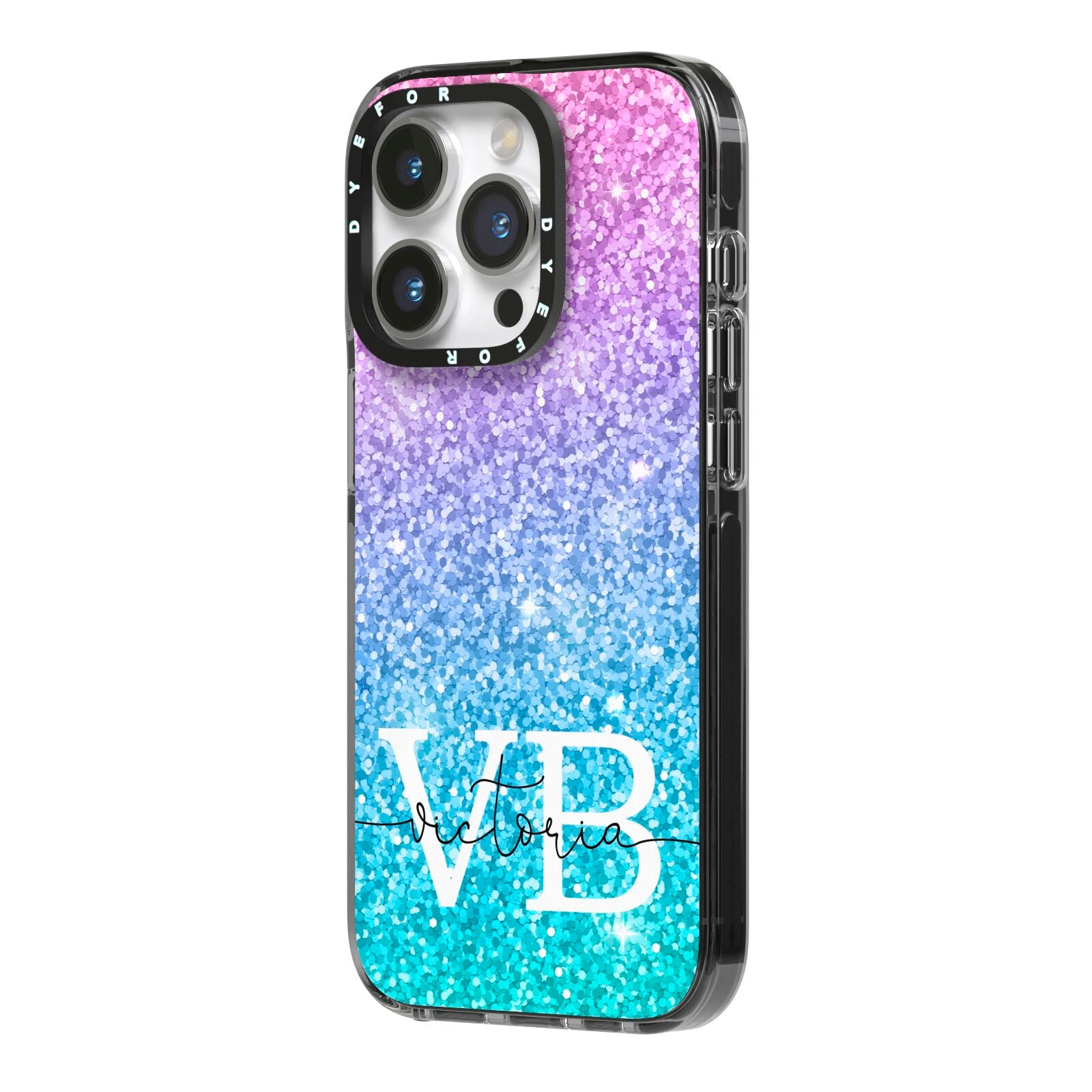 Monogrammed Multi Colour Glitter Name iPhone 14 Pro Black Impact Case Side Angle on Silver phone