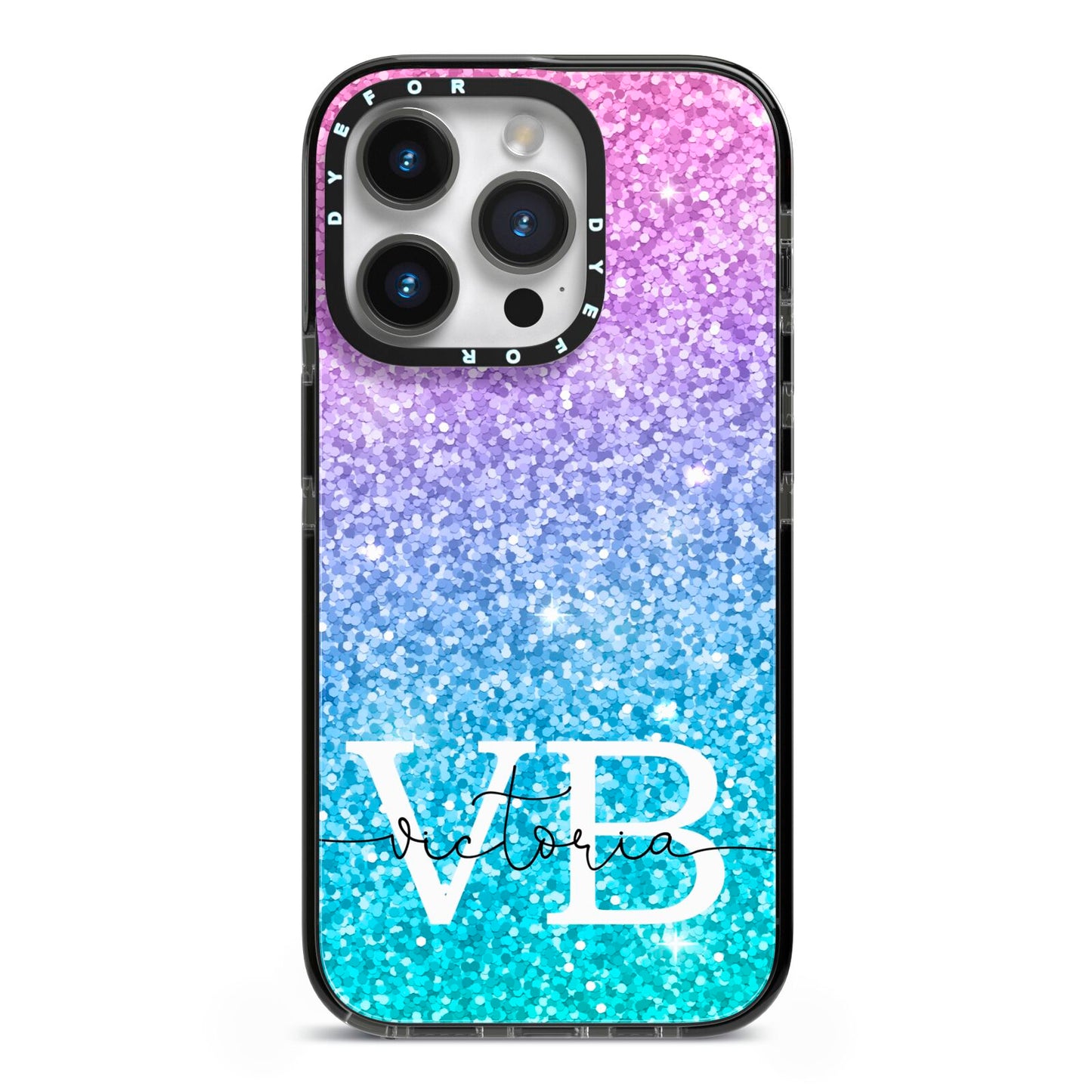 Monogrammed Multi Colour Glitter Name iPhone 14 Pro Black Impact Case on Silver phone