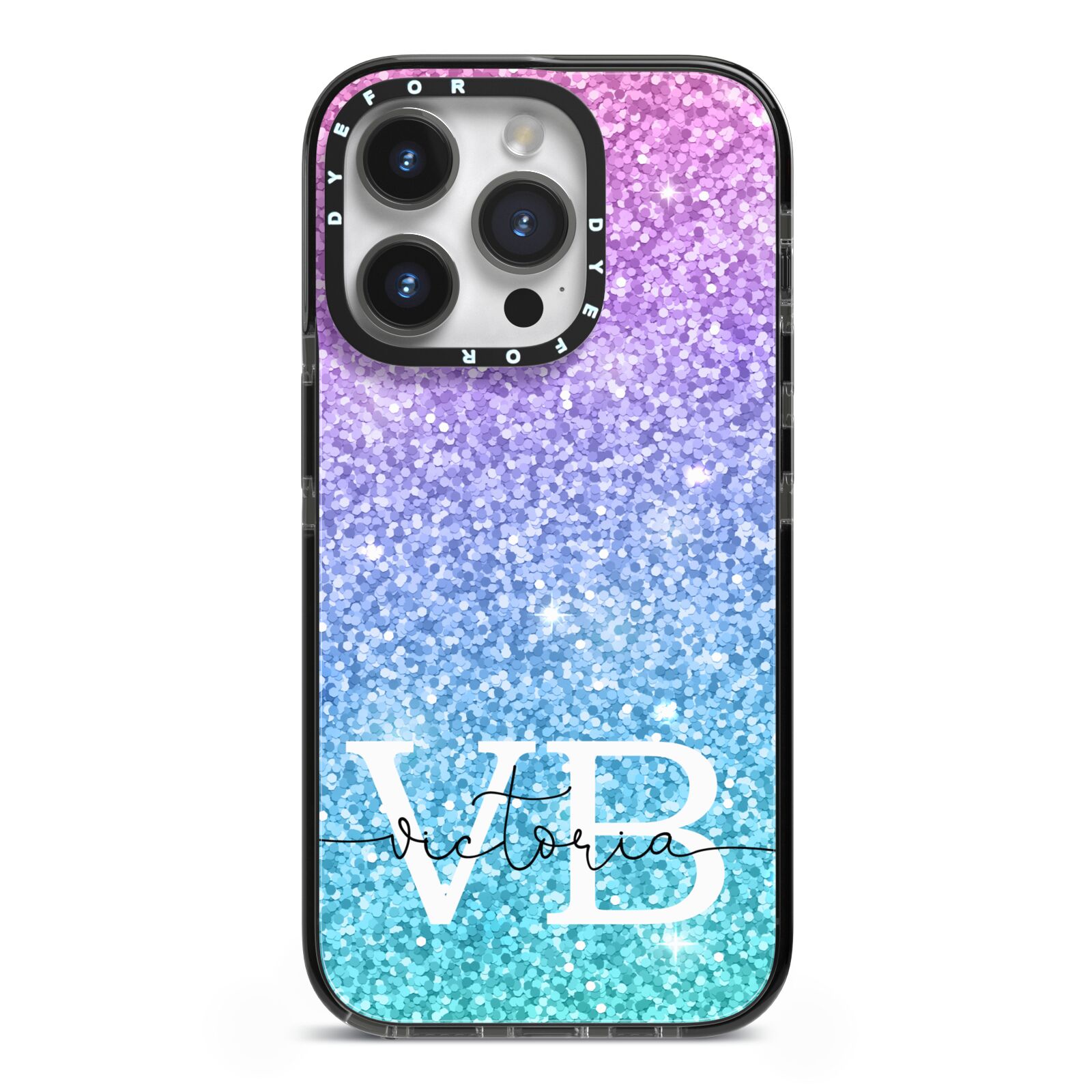 Monogrammed Multi Colour Glitter Name iPhone 14 Pro Black Impact Case on Silver phone