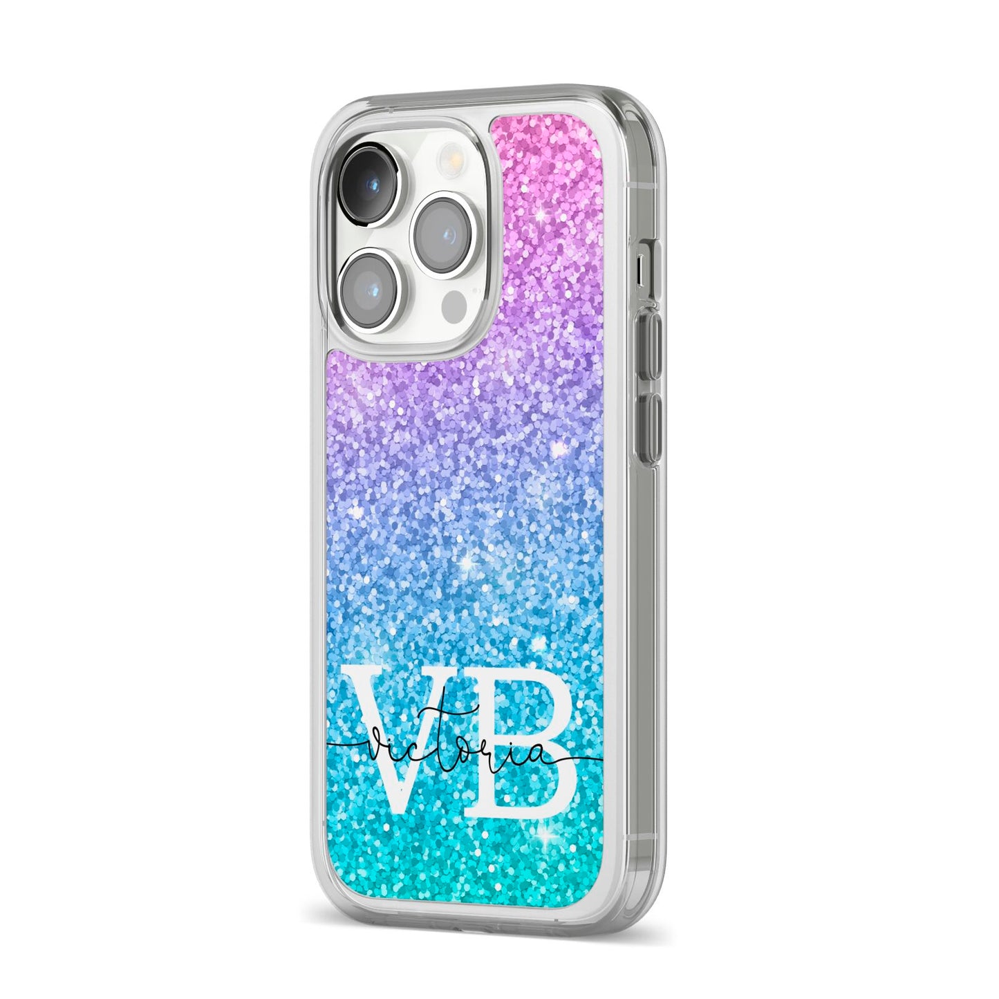 Monogrammed Multi Colour Glitter Name iPhone 14 Pro Clear Tough Case Silver Angled Image