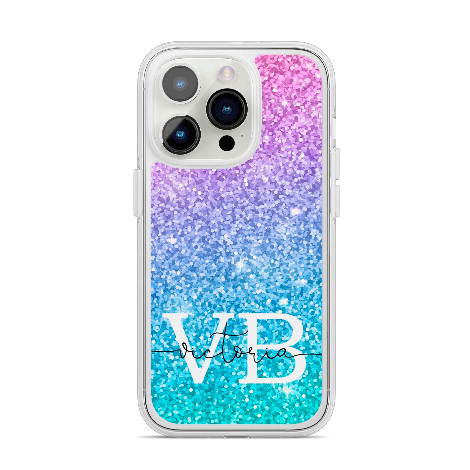 Monogrammed Multi Colour Glitter Name iPhone 14 Pro Clear Tough Case Silver