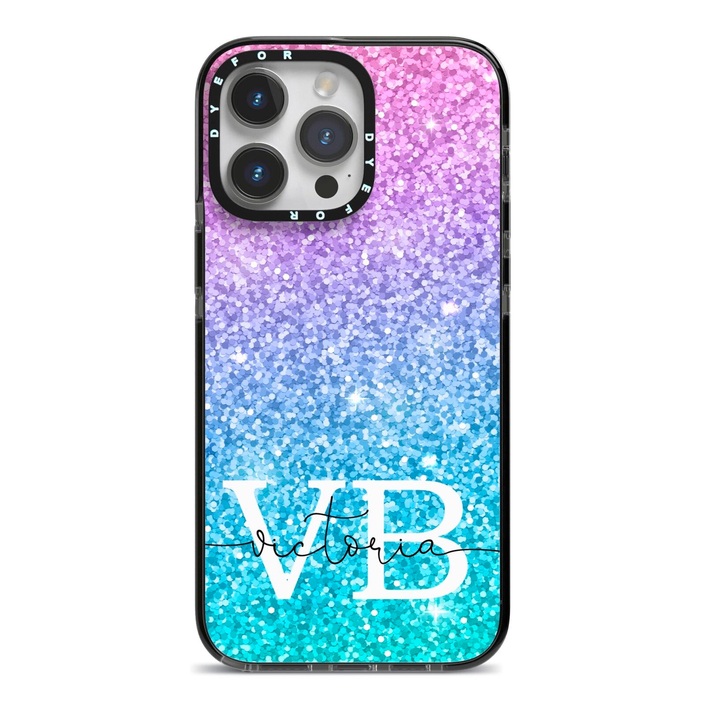 Monogrammed Multi Colour Glitter Name iPhone 14 Pro Max Black Impact Case on Silver phone