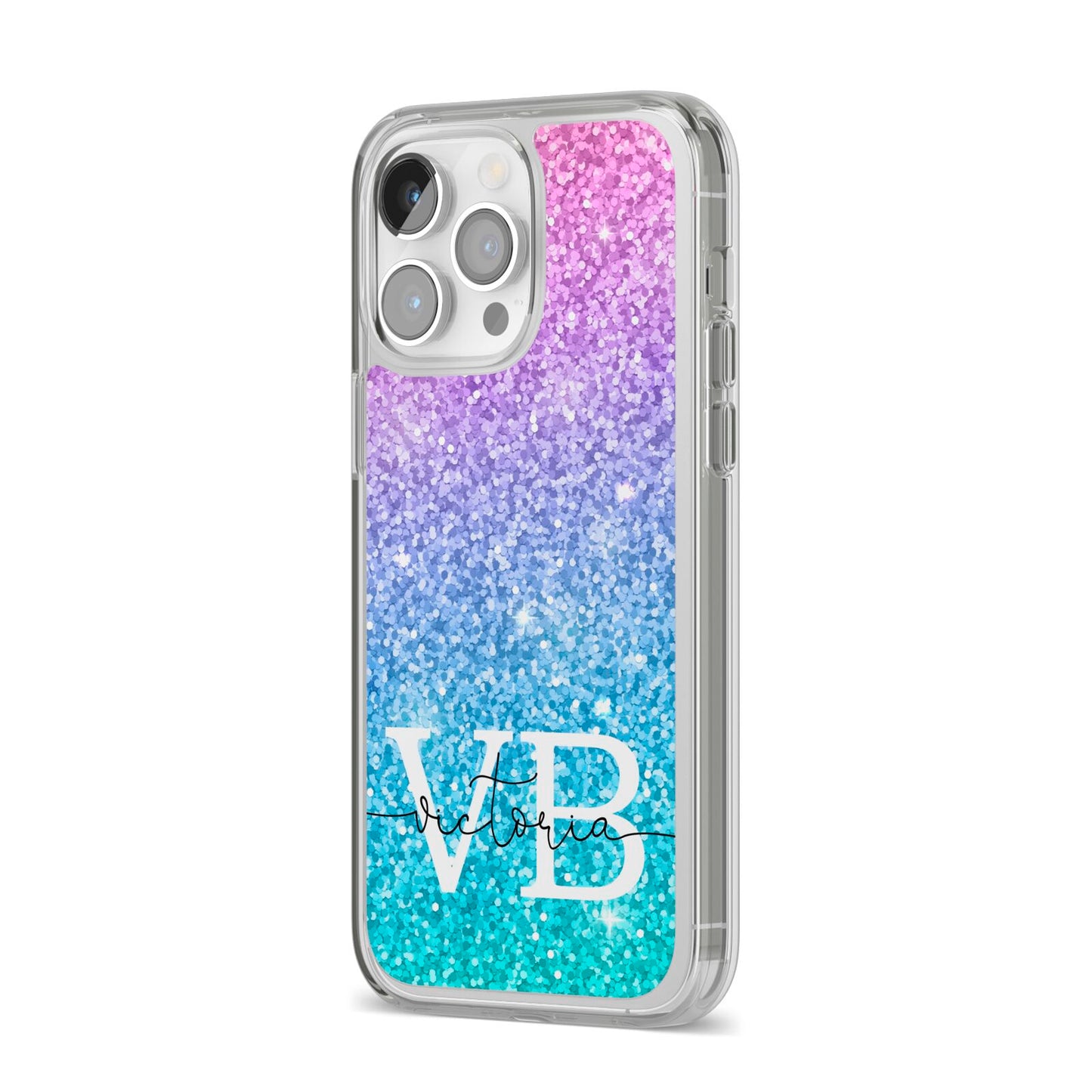 Monogrammed Multi Colour Glitter Name iPhone 14 Pro Max Clear Tough Case Silver Angled Image