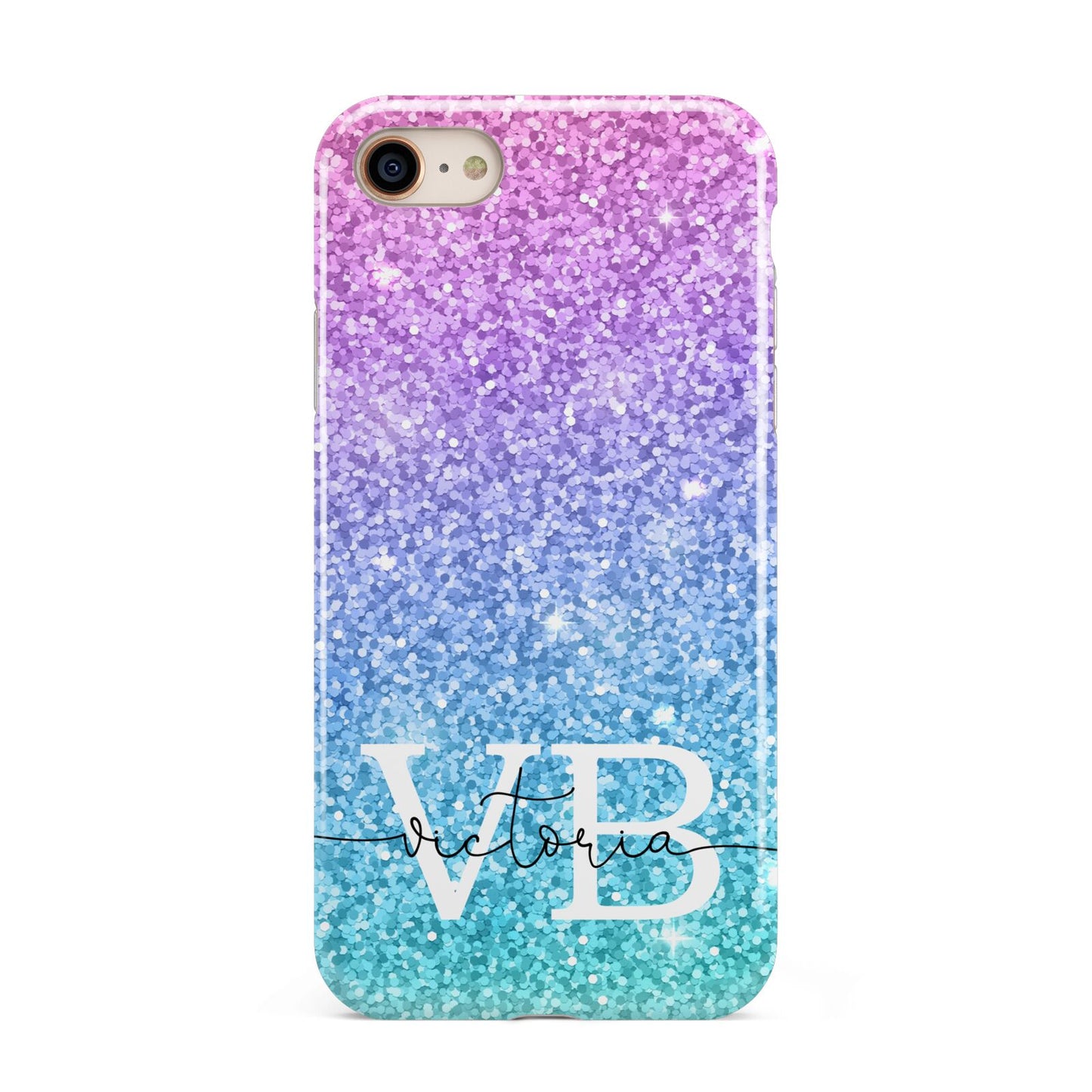 Monogrammed Multi Colour Glitter Name iPhone 8 3D Tough Case on Gold Phone