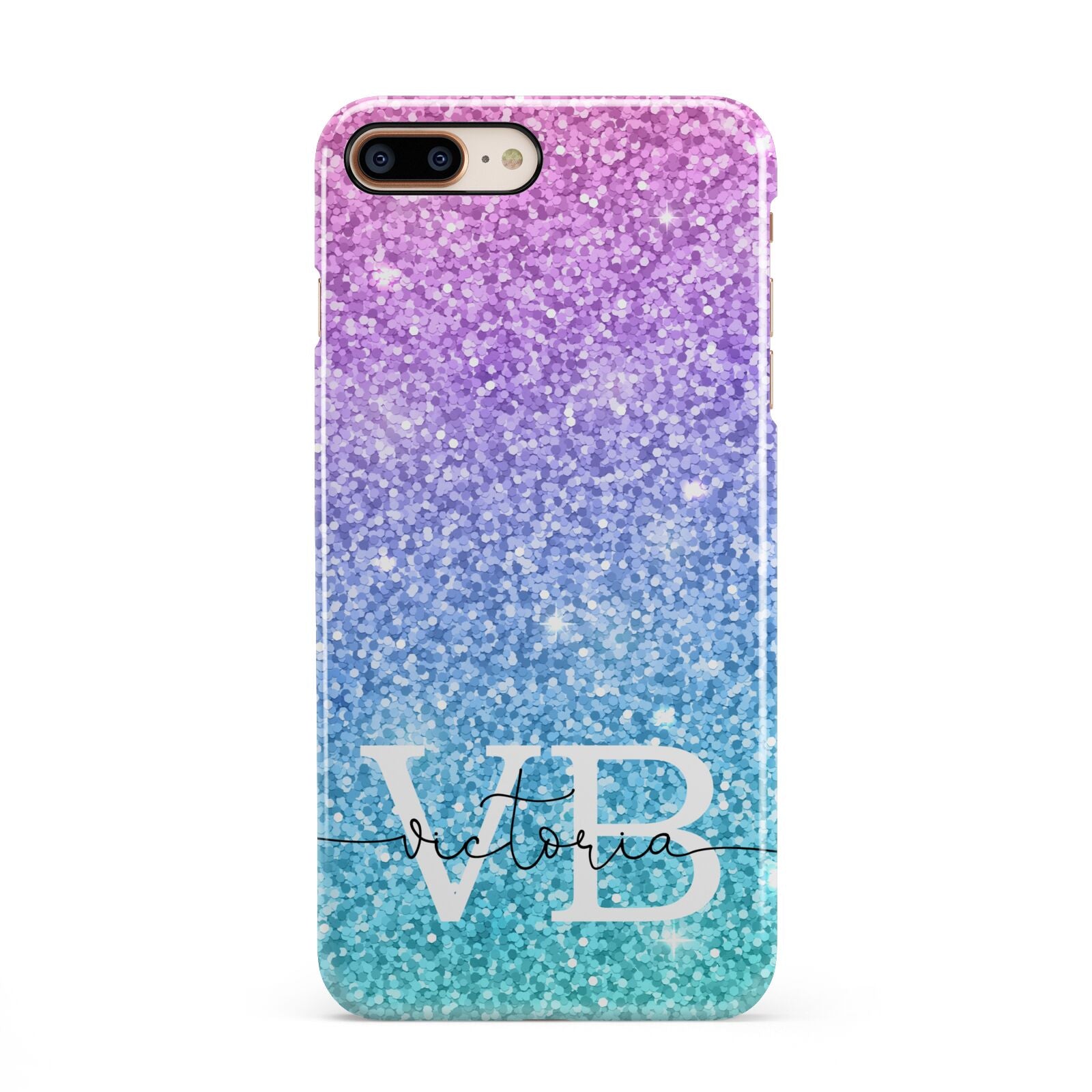 Monogrammed Multi Colour Glitter Name iPhone 8 Plus 3D Snap Case on Gold Phone