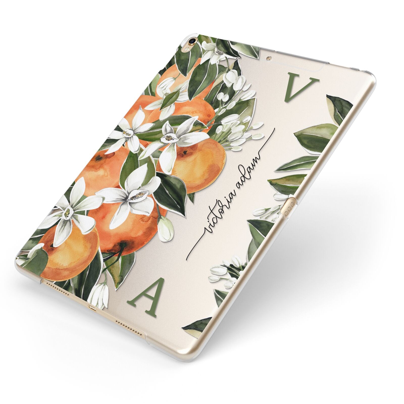 Monogrammed Orange Tree Apple iPad Case on Gold iPad Side View