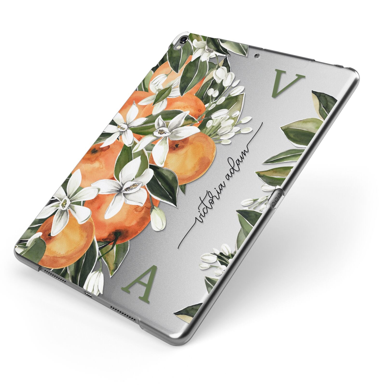 Monogrammed Orange Tree Apple iPad Case on Grey iPad Side View