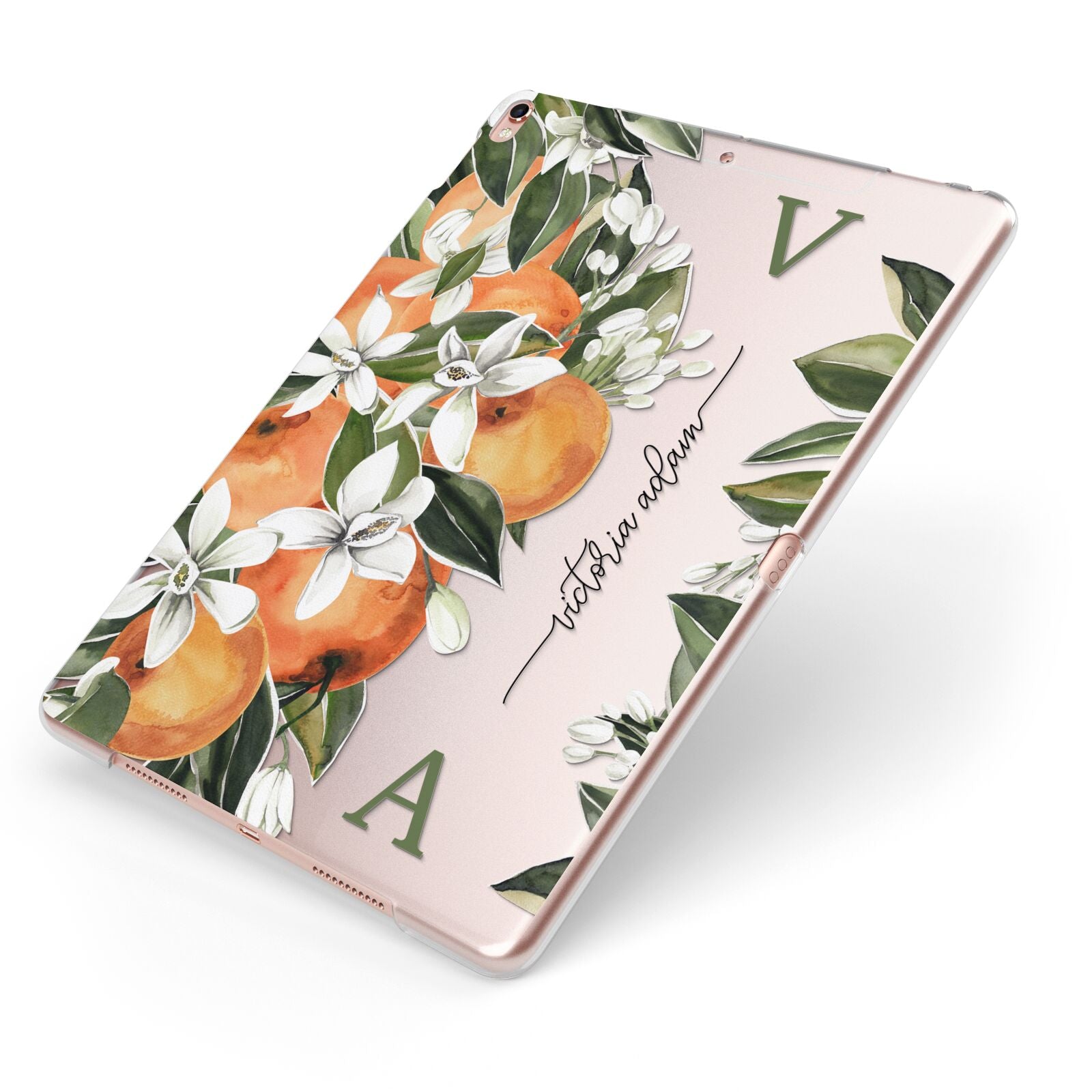 Monogrammed Orange Tree Apple iPad Case on Rose Gold iPad Side View