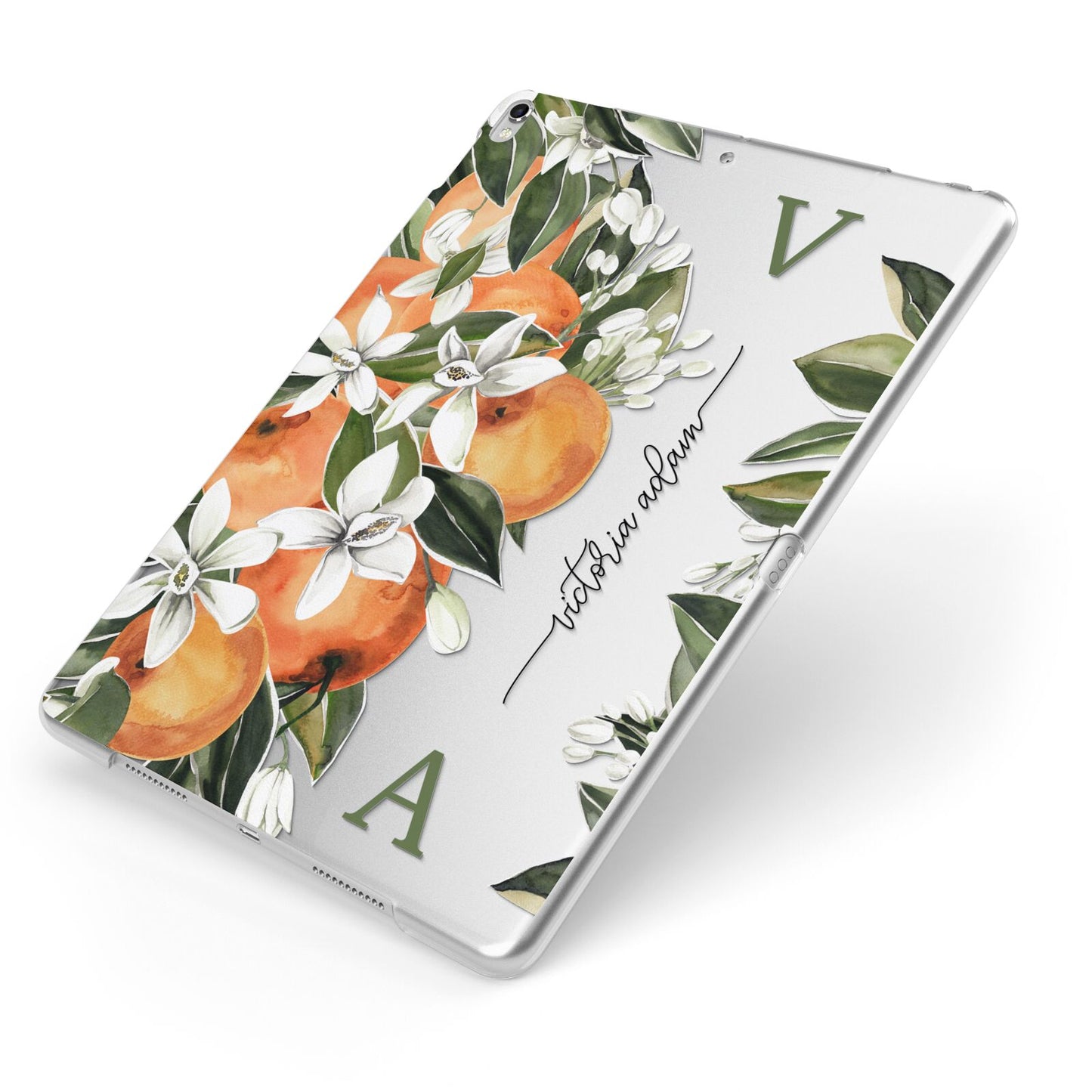 Monogrammed Orange Tree Apple iPad Case on Silver iPad Side View