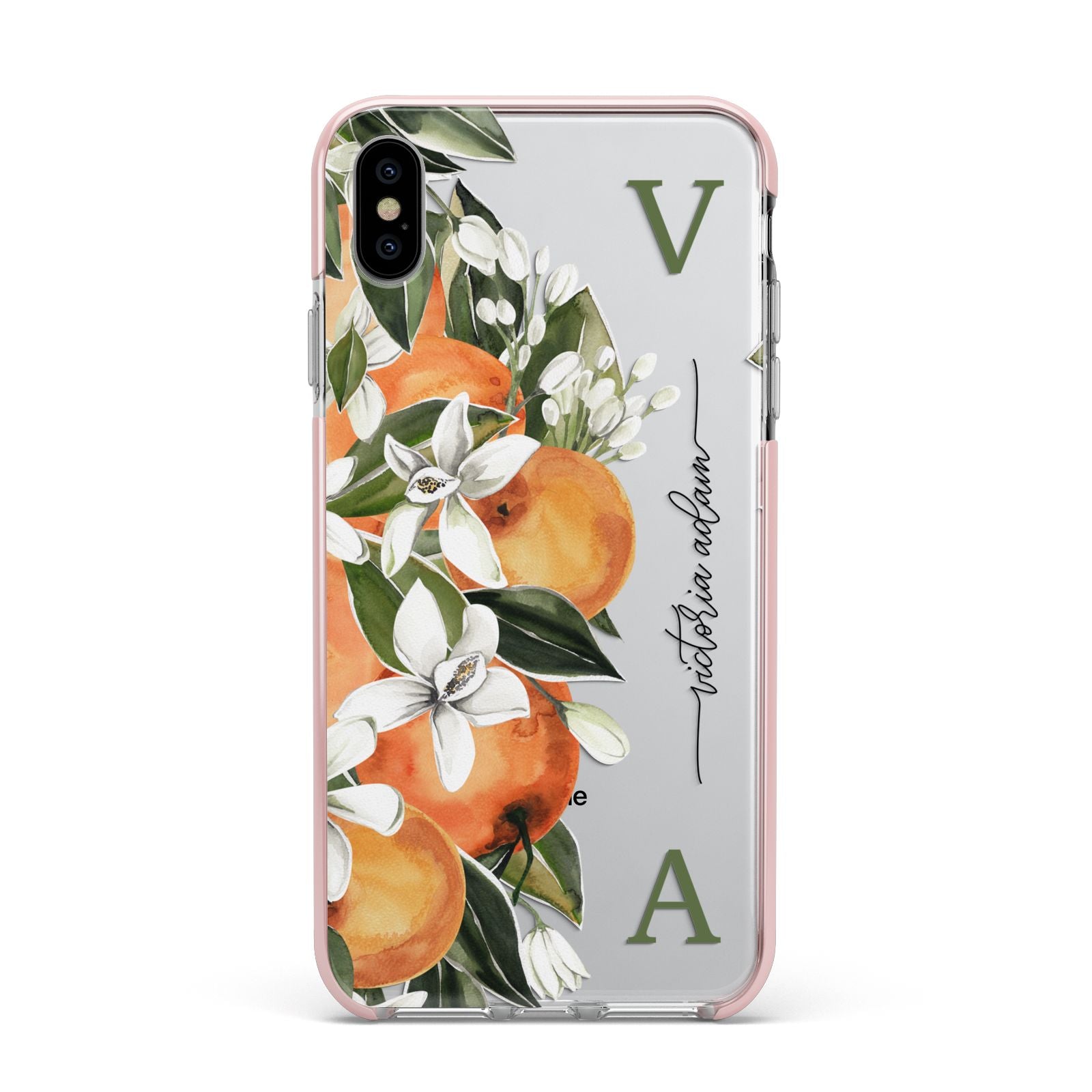 Monogrammed Orange Tree Apple iPhone Xs Max Impact Case Pink Edge on Silver Phone