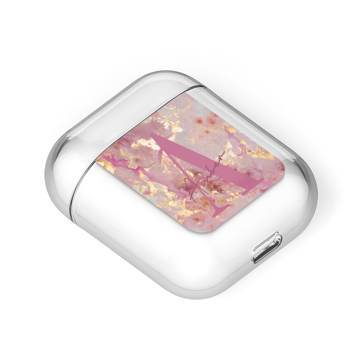 Monogrammed Pink Gold Marble AirPods Case Laid Flat