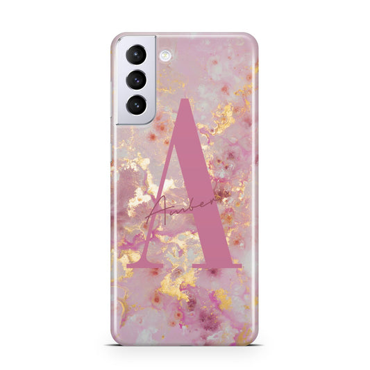 Monogrammed Pink Gold Marble Samsung S21 Plus Phone Case