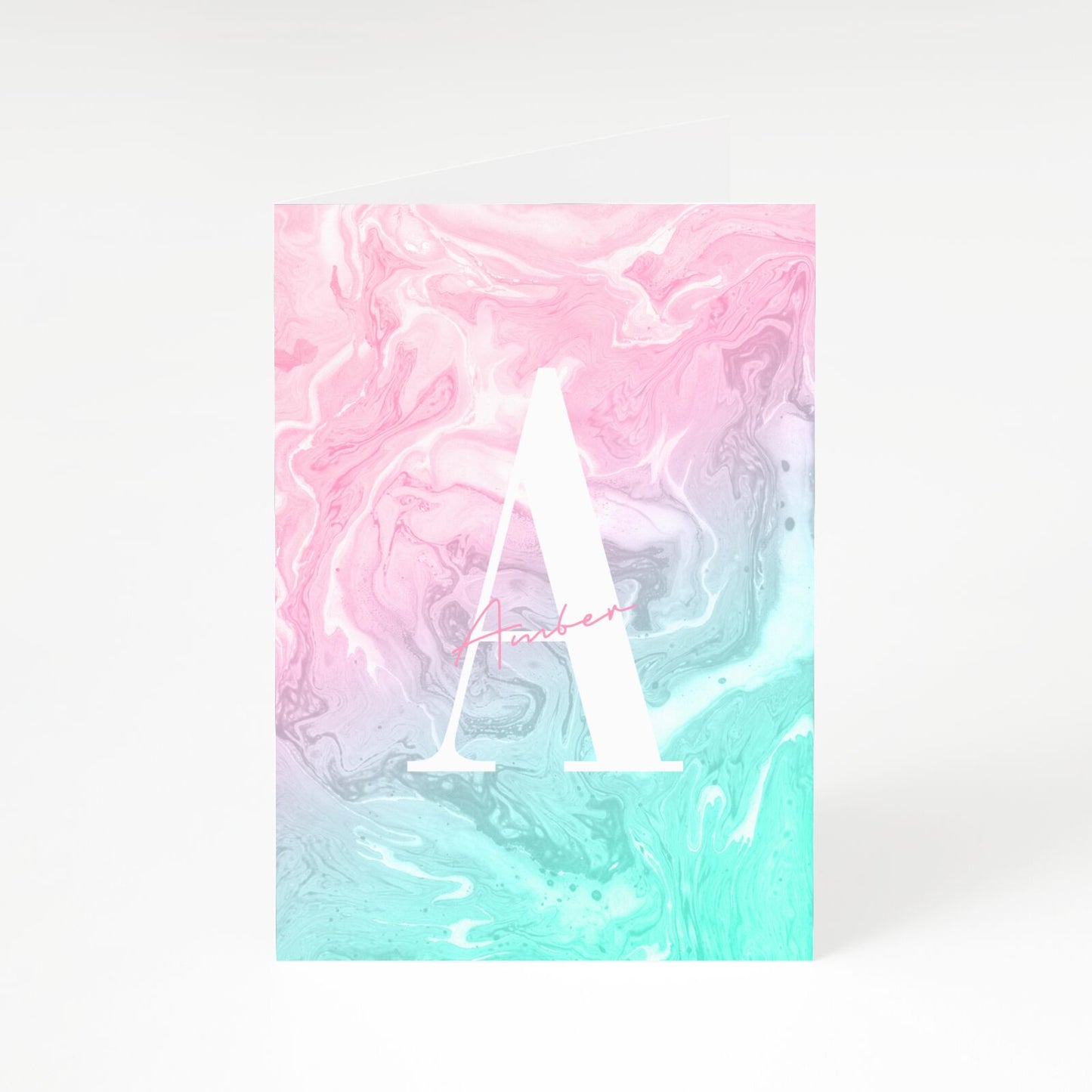 Monogrammed Pink Turquoise Pastel Marble A5 Greetings Card