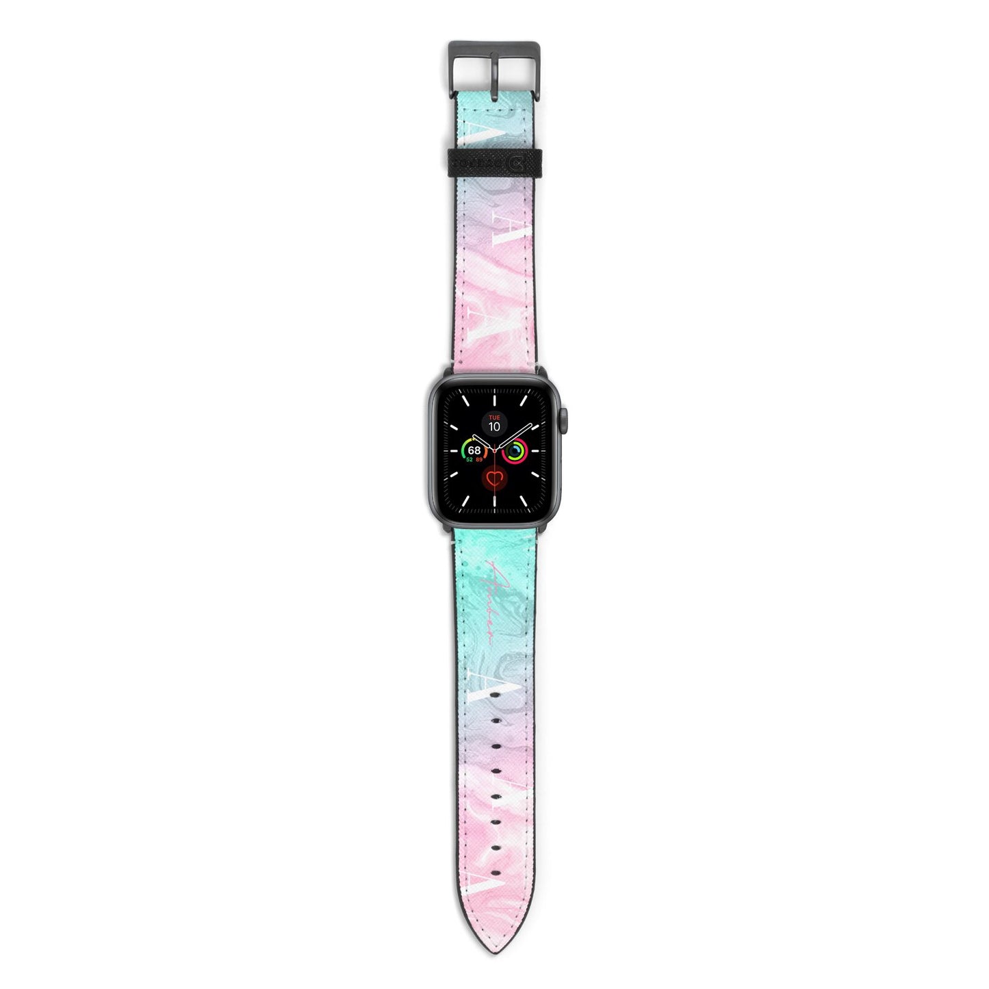 Monogrammed Pink Turquoise Pastel Marble Apple Watch Strap with Space Grey Hardware