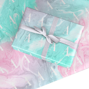 Monogrammed Pink Turquoise Pastel Marble Wrapping Paper