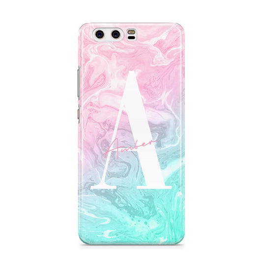 Monogrammed Pink Turquoise Pastel Marble Huawei P10 Phone Case